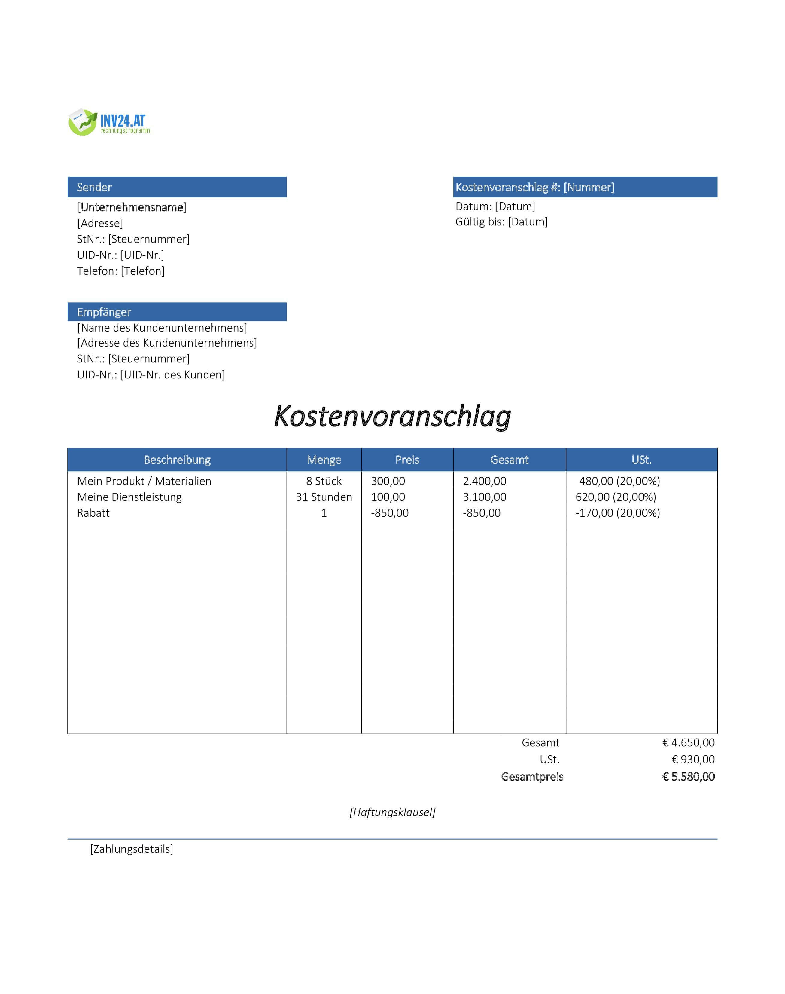 Kostenvoranschlag erstellen Muster für Österreich (Excel / Google Sheets)