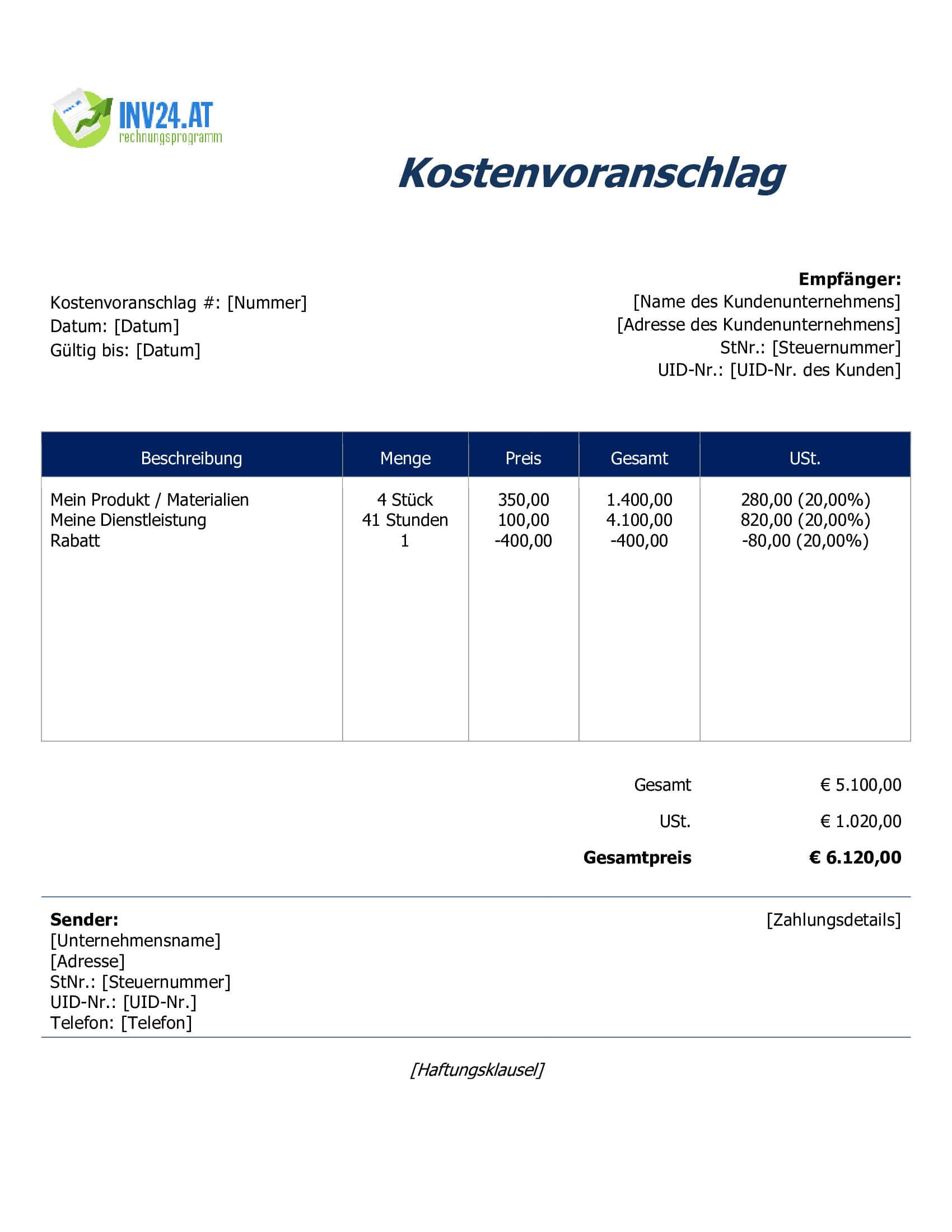 Kostenvoranschlag Muster für Österreich (Word / Google Docs) Kostenvoranschlag Muster für Österreich (Word / Google Docs)