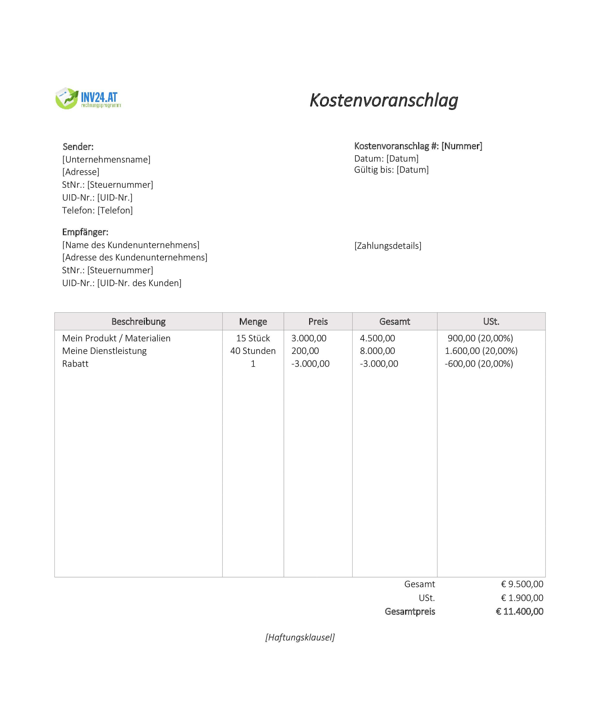 Kostenvoranschlag Muster Dienstleistung für Österreich (Excel / Google Sheets) Kostenvoranschlag Muster Dienstleistung für Österreich (Excel / Google Sheets)