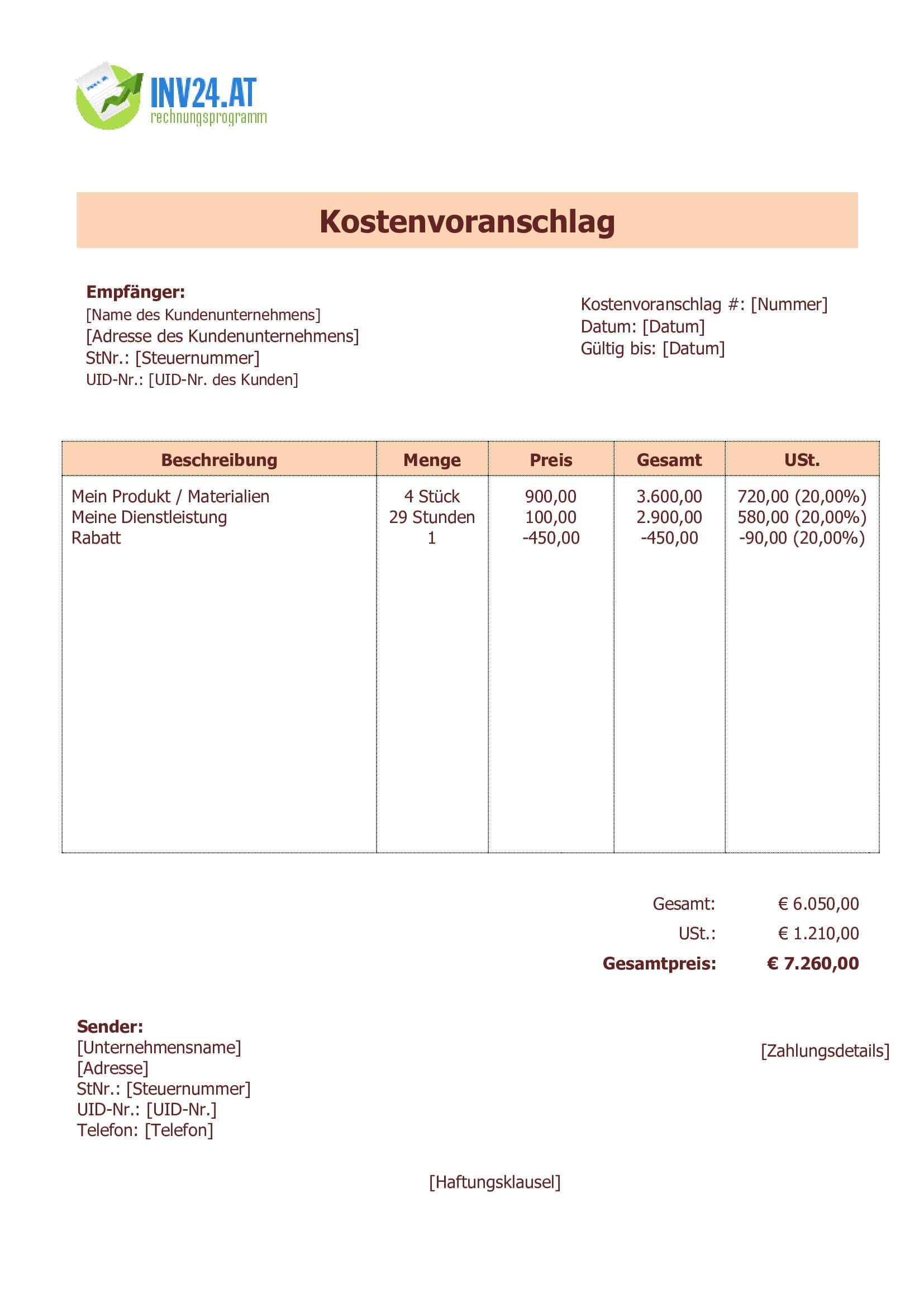 Kostenvoranschlag Muster zum Ausfüllen für Österreich (Word / Google Docs)