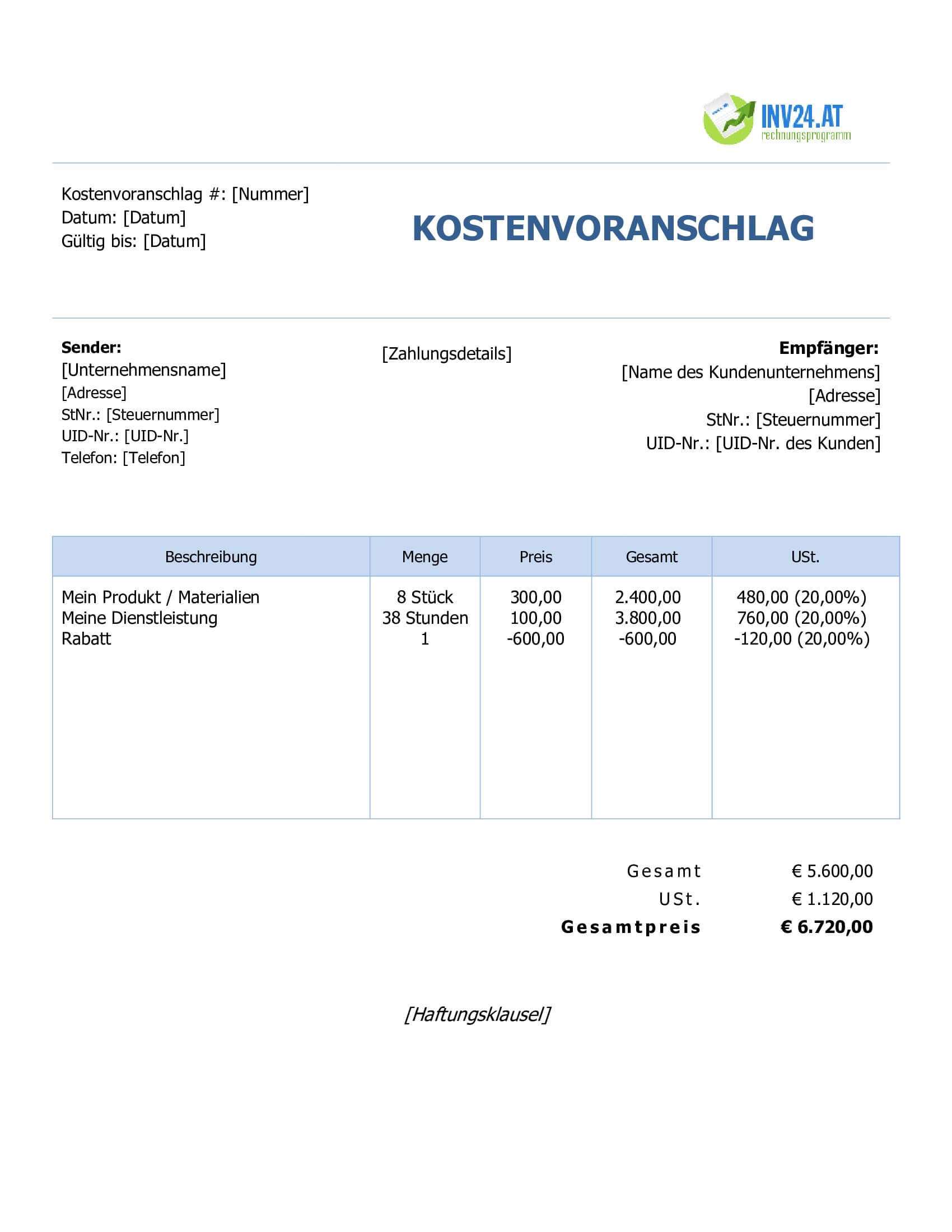 Kostenvoranschlag schreiben Muster für Österreich (Word / Google Docs)