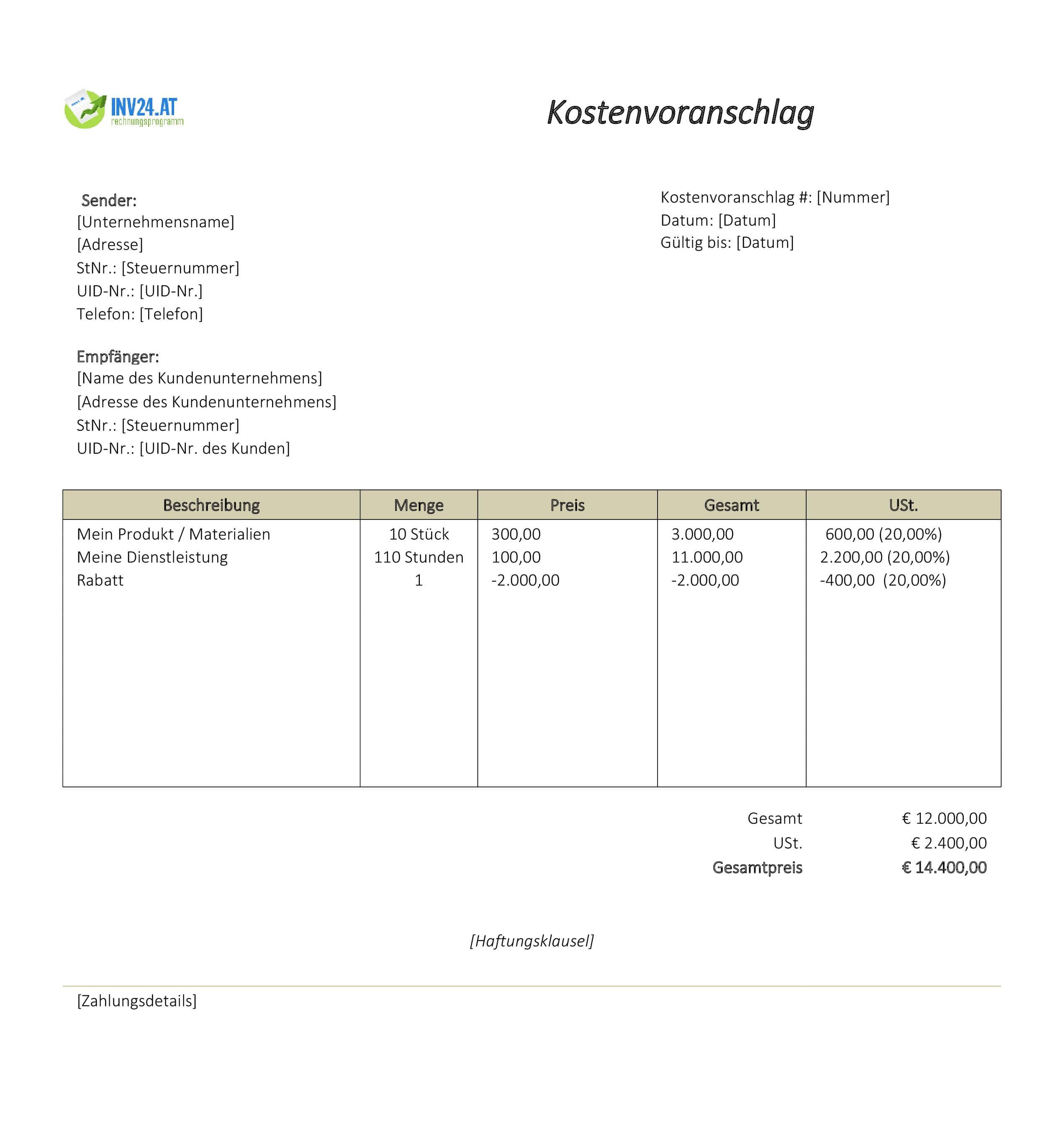 Kostenvoranschlag schreiben Vorlage für Österreich (Excel / Google Sheets) Kostenvoranschlag schreiben Vorlage für Österreich (Excel / Google Sheets)