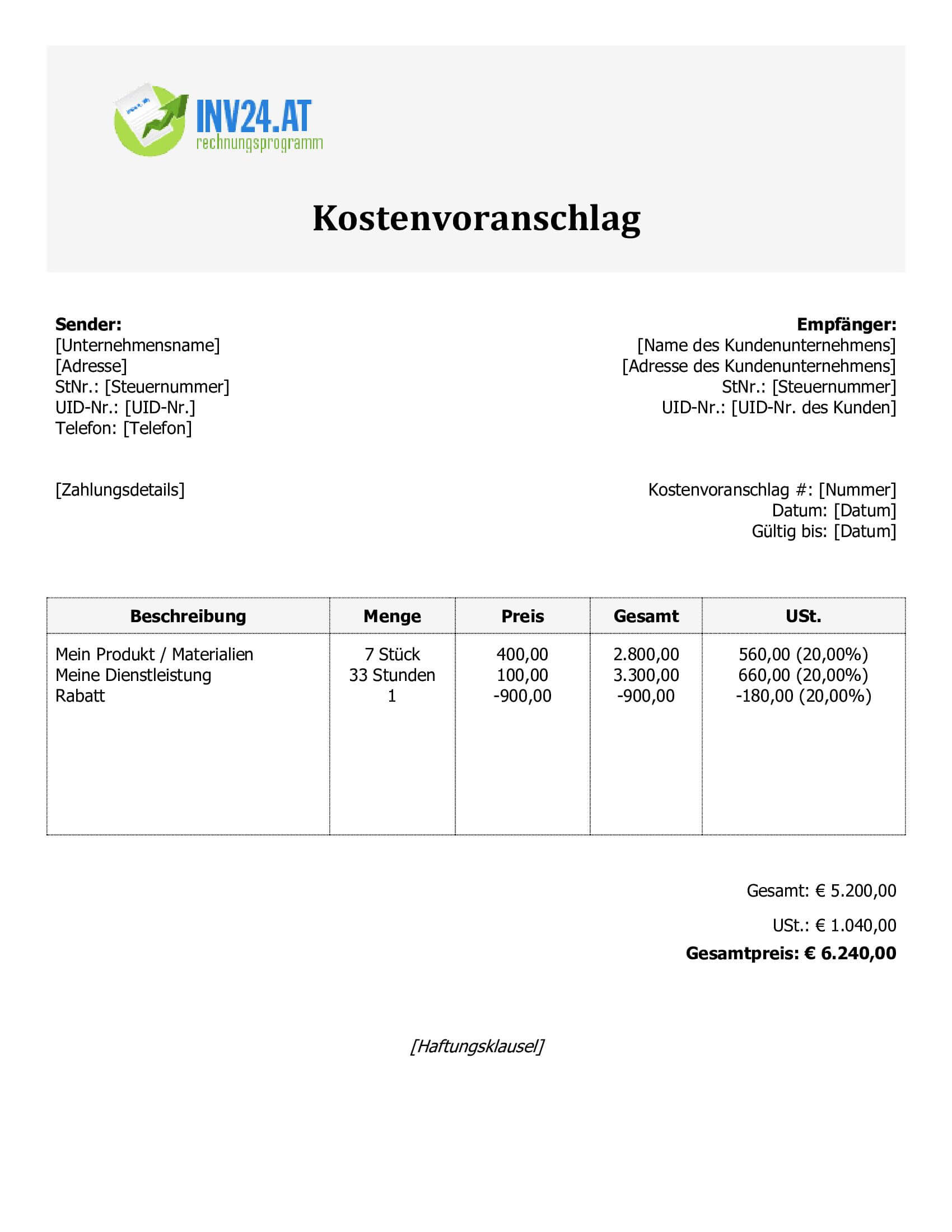 Kostenvoranschlag Vordruck für Österreich (Word / Google Docs)
