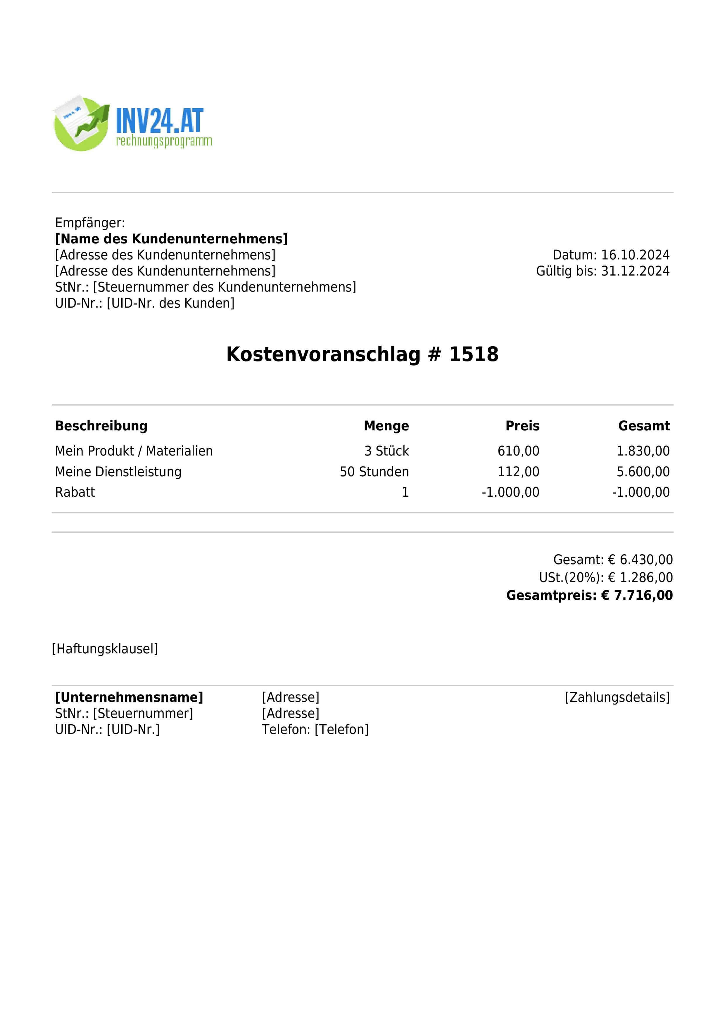 Kostenvoranschlag Beispiel für Österreich Kostenvoranschlag Beispiel für Österreich