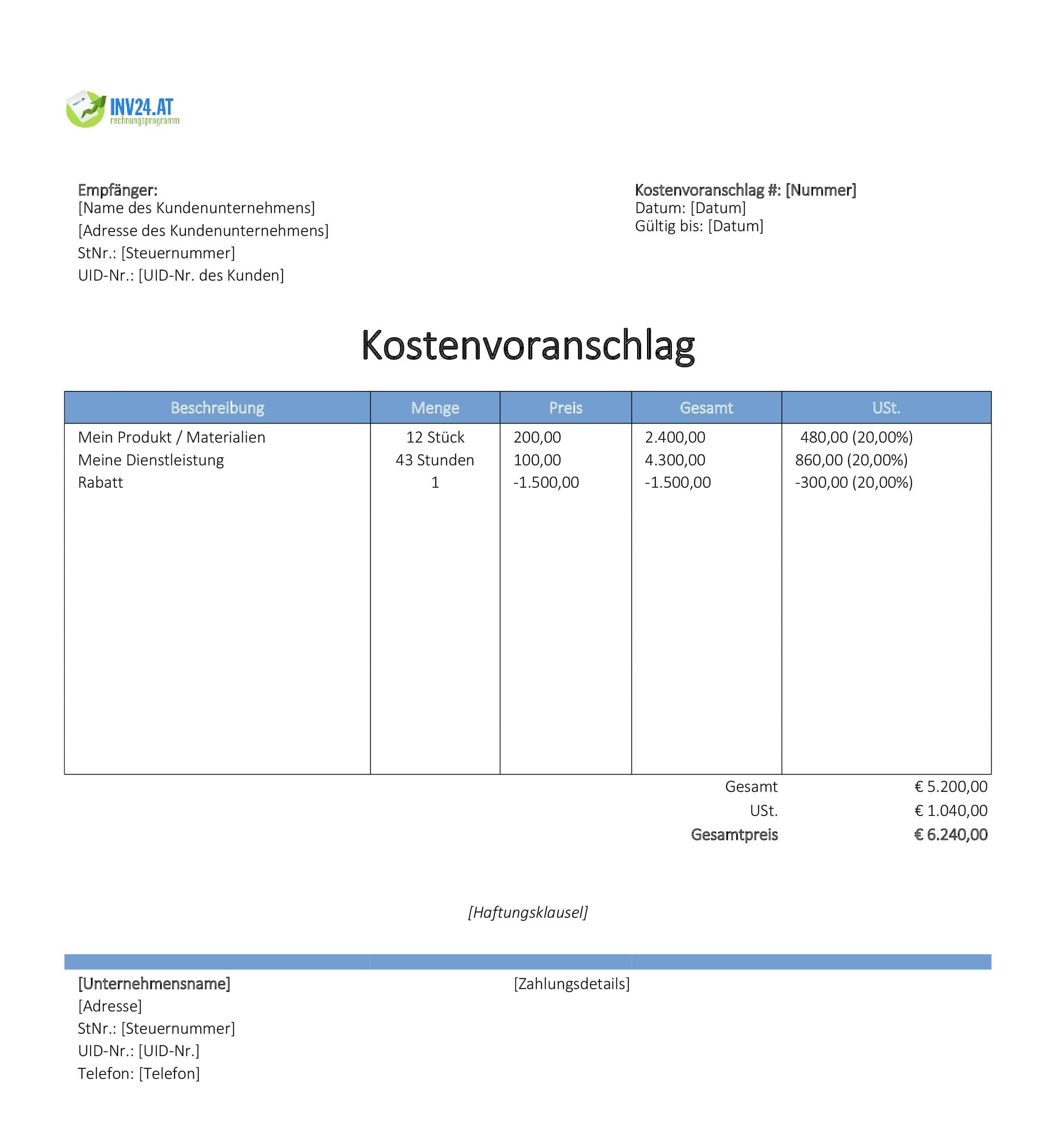 Online Kostenvoranschlag Vorlage für Österreich (Excel / Google Sheets)