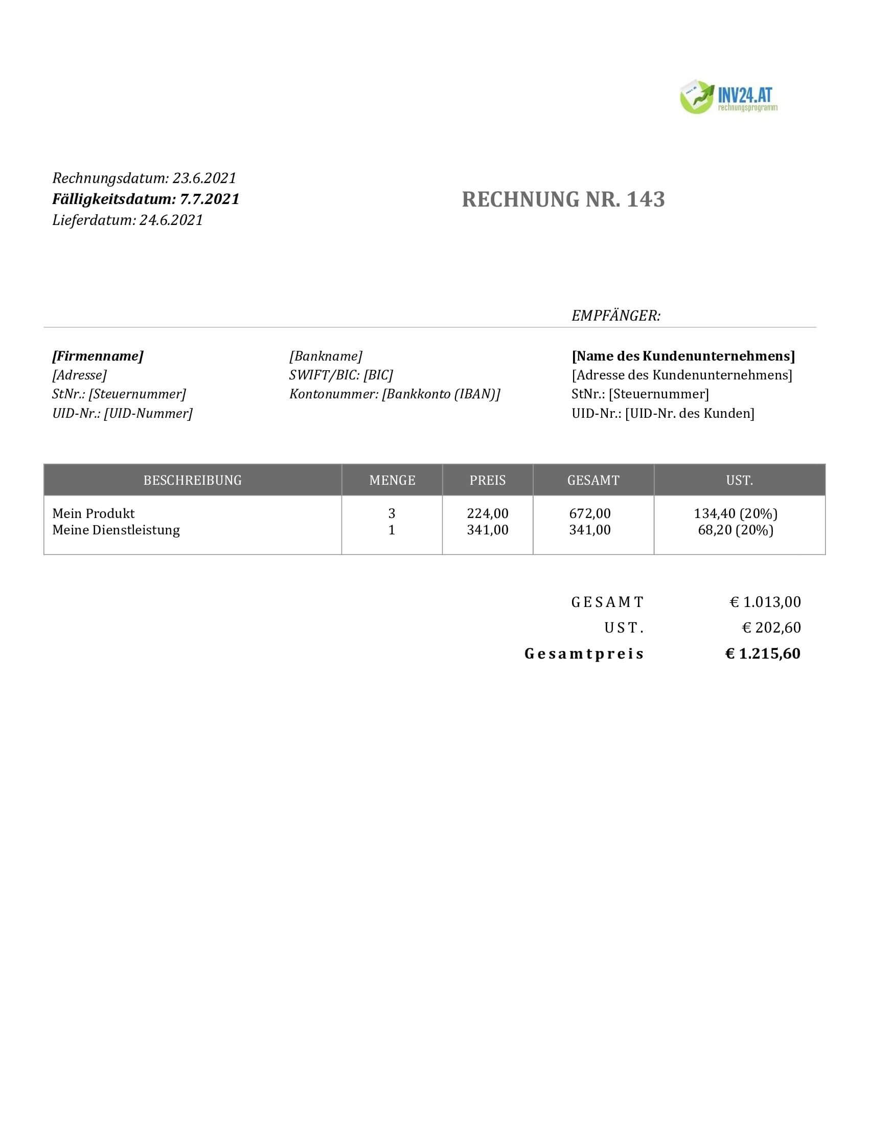 Rechnung Formular Österreich Rechnung Formular Österreich