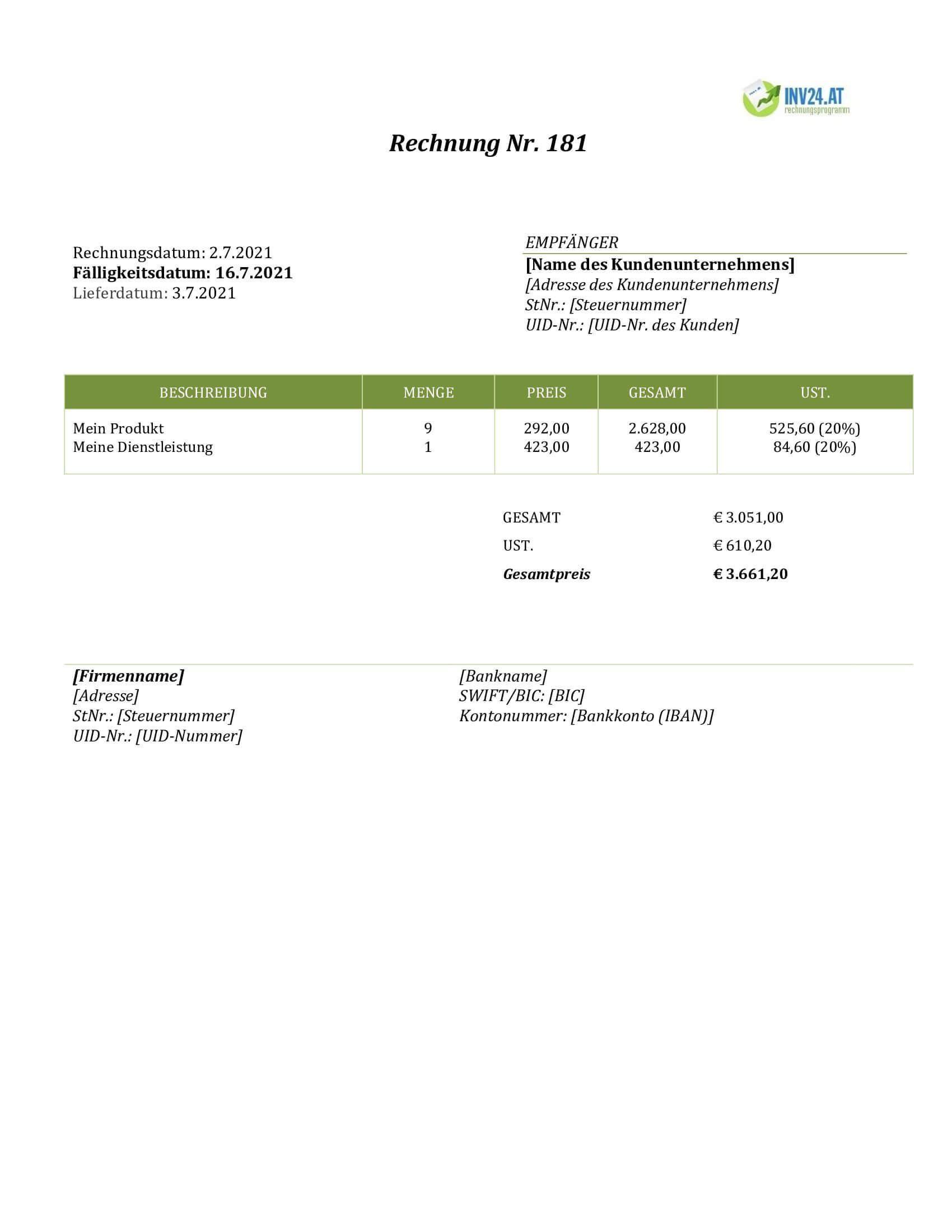 Rechnungsvorlage Google Docs Österreich (Word / Google Docs)