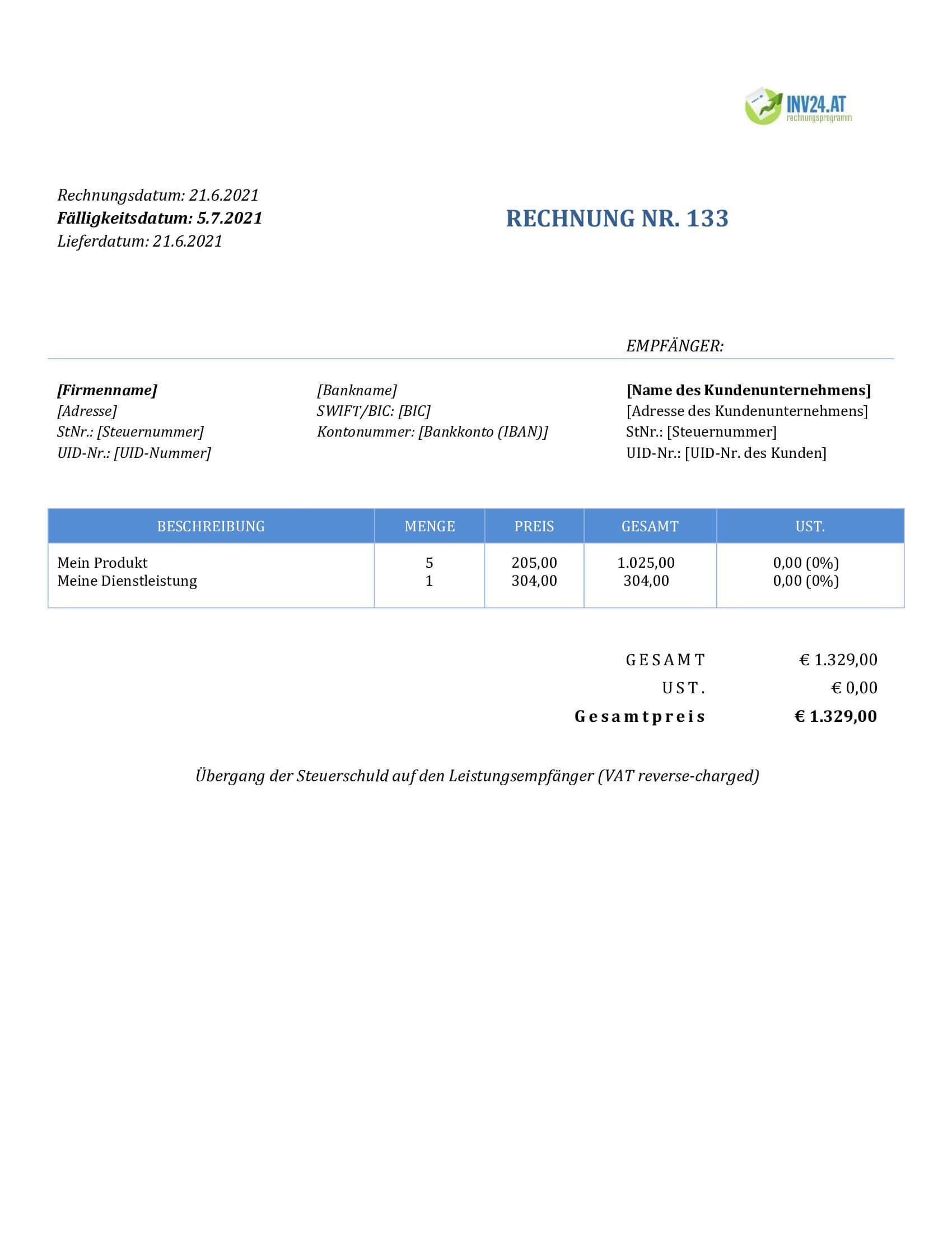 Reverse Charge Rechnung Muster Österreich Reverse Charge Rechnung Muster Österreich