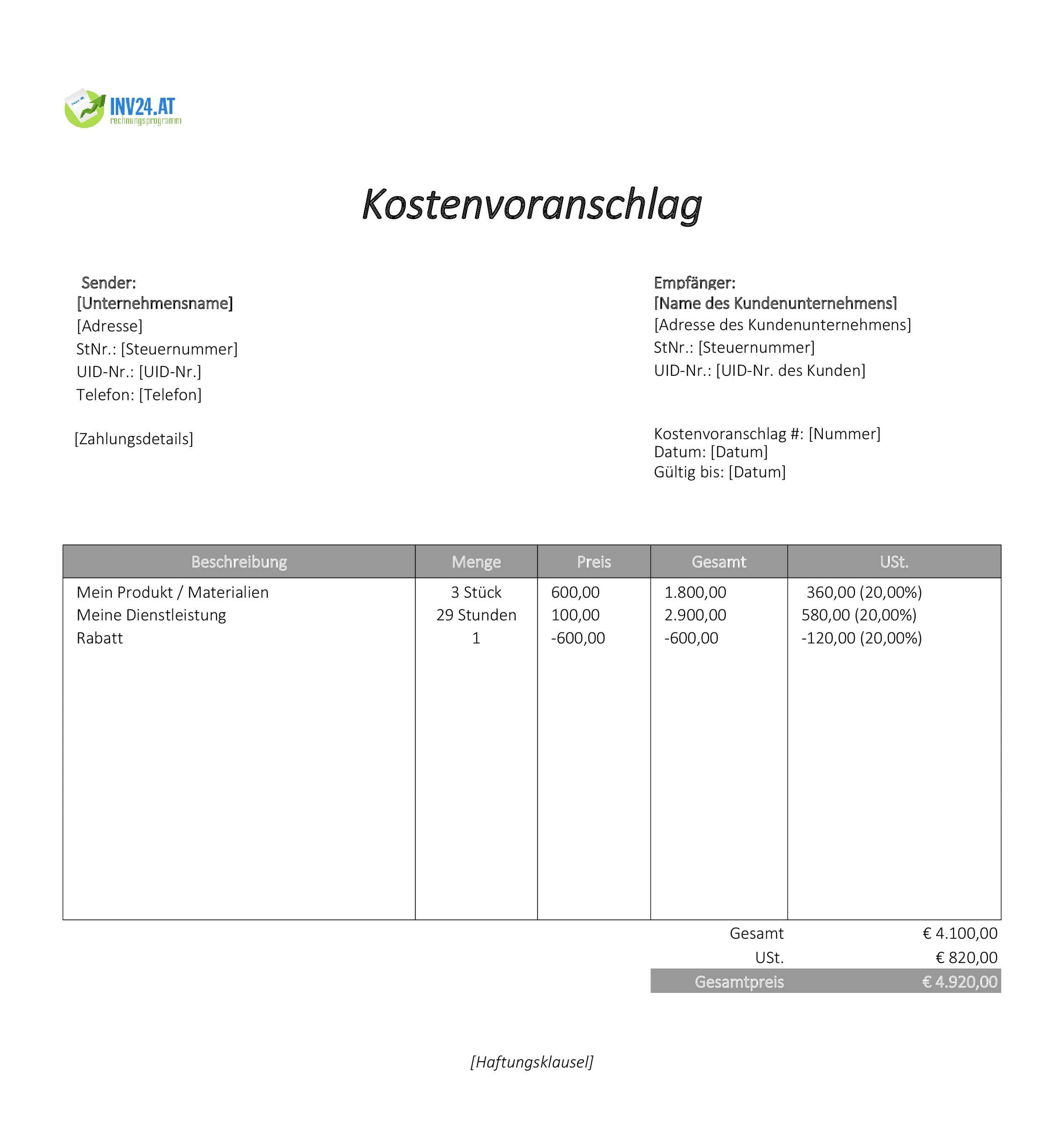 Unverbindlicher Kostenvoranschlag Muster für Österreich (Excel / Google Sheets)