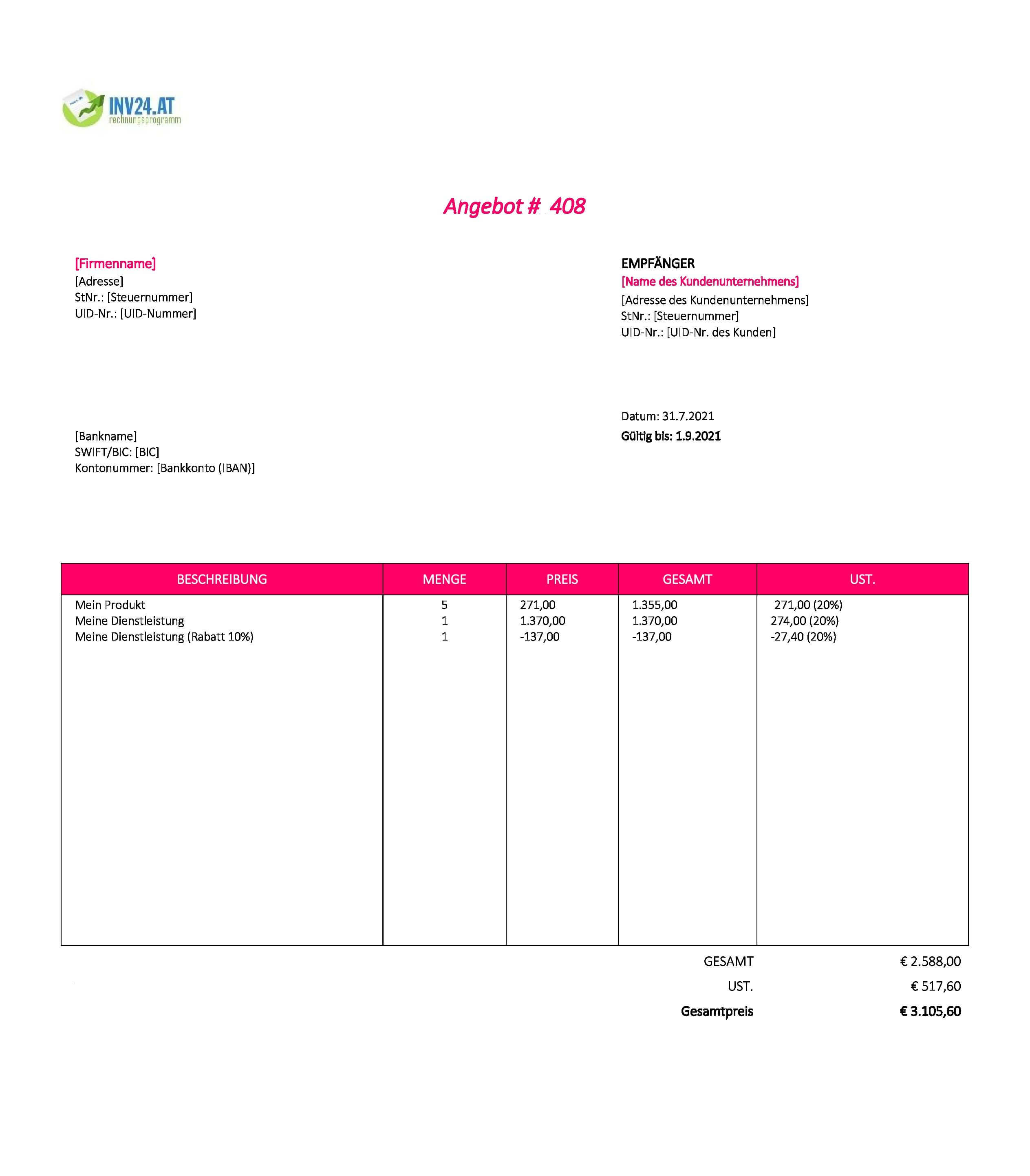 Vorlage Angebot Dienstleistung Österreich (Excel / Google Sheets)