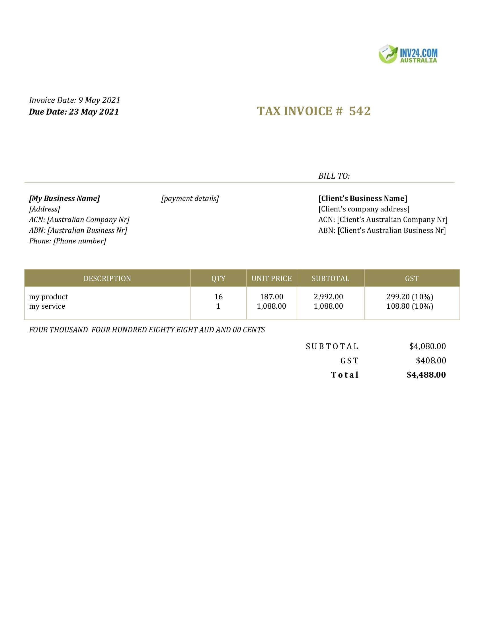 Tax Invoice Receipt Template Australia