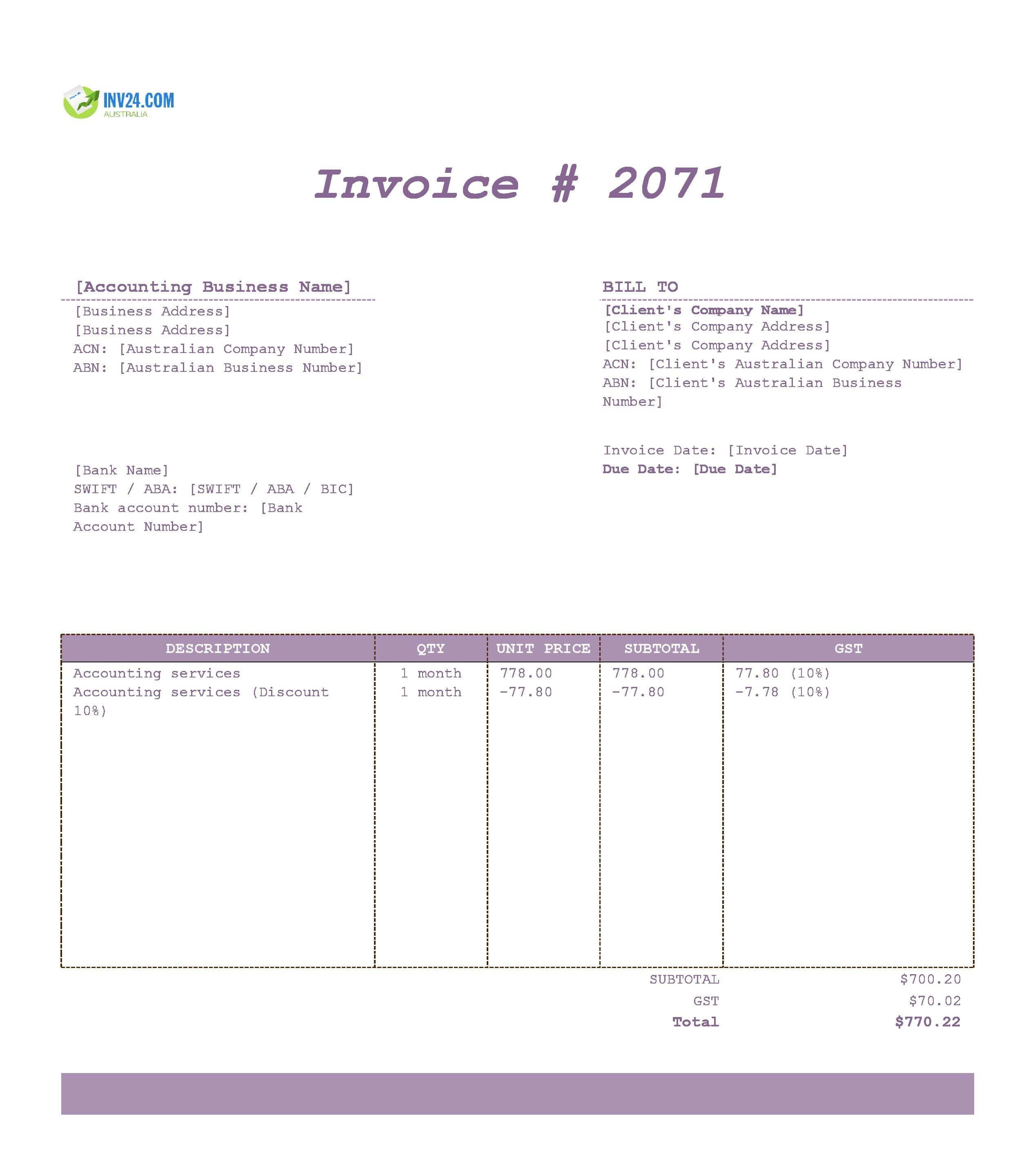 Accounting Invoice Template for Australia (Excel / Google Sheets)
