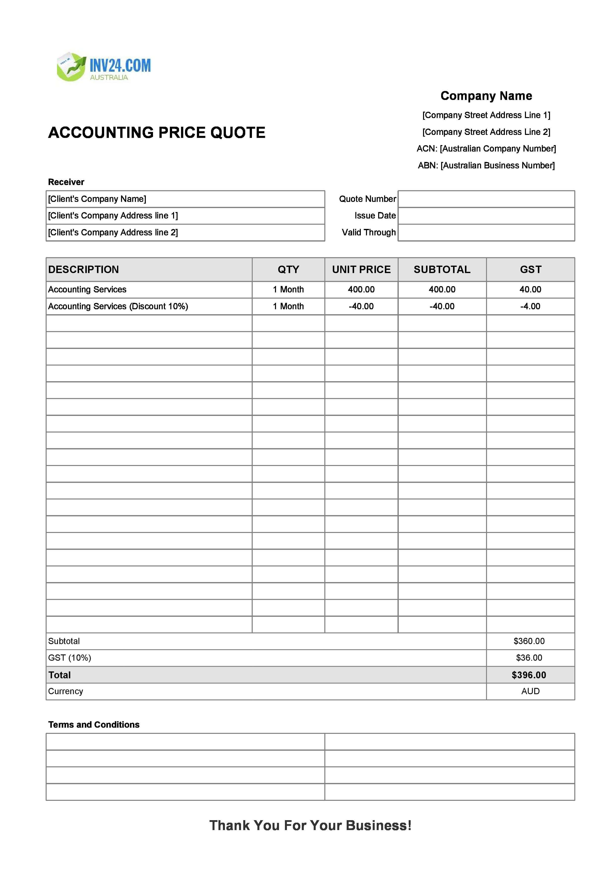 Accounting Quote Template for Australia (Excel / Google Sheets)