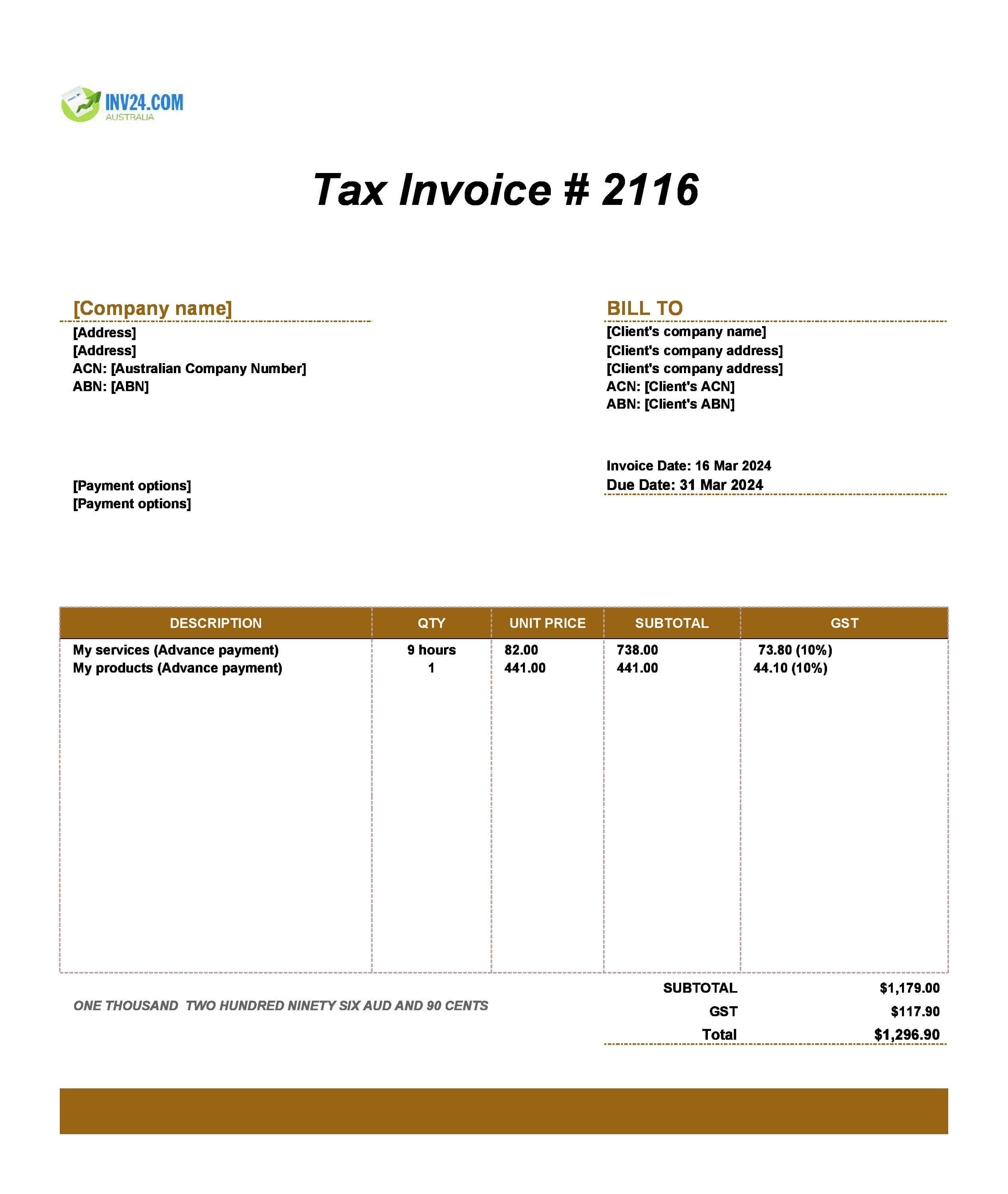advance invoice template Australia