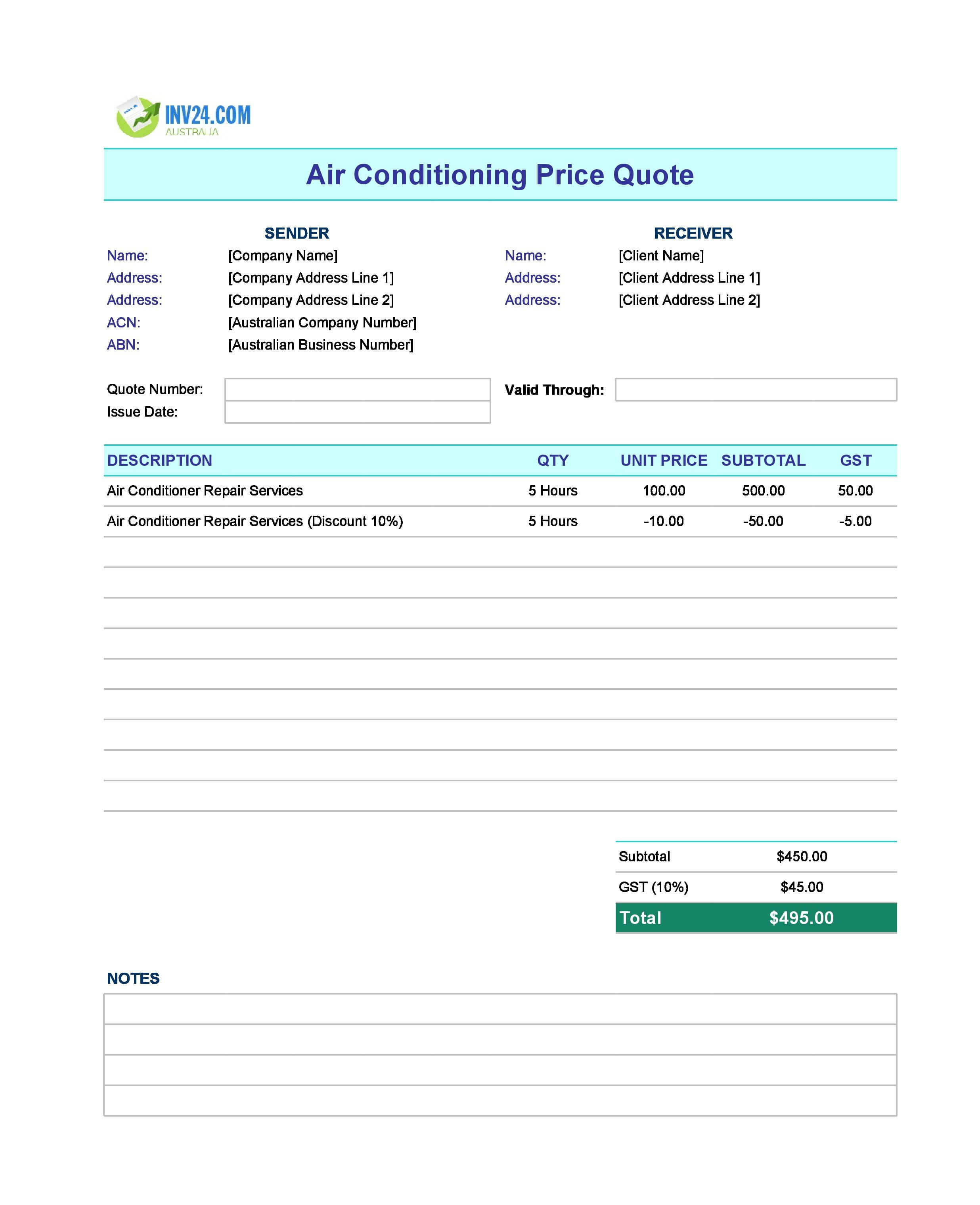 Air Conditioning Quote Template for Australia (Excel / Google Sheets)