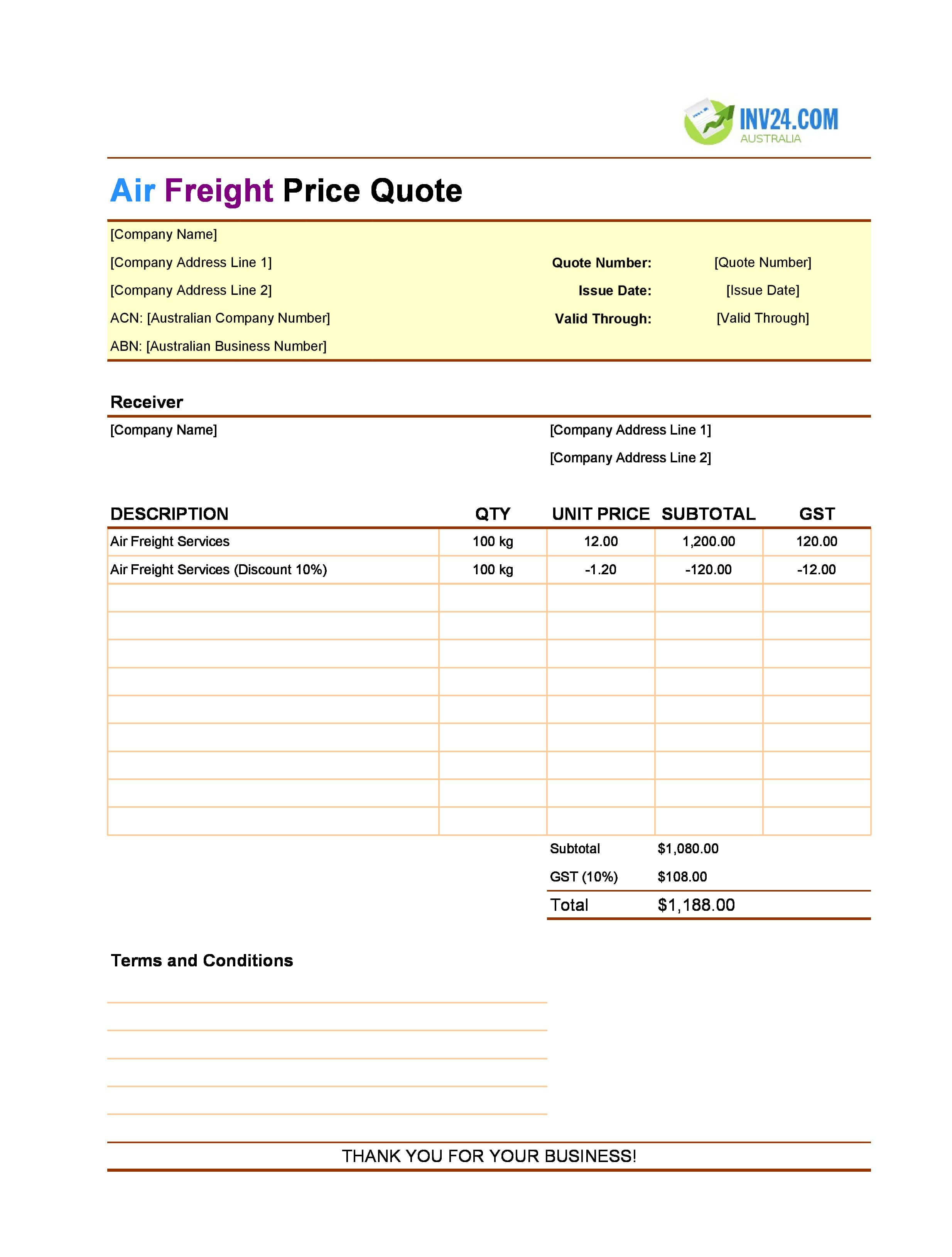 Air Freight Quote Template for Australia (Excel / Google Sheets)