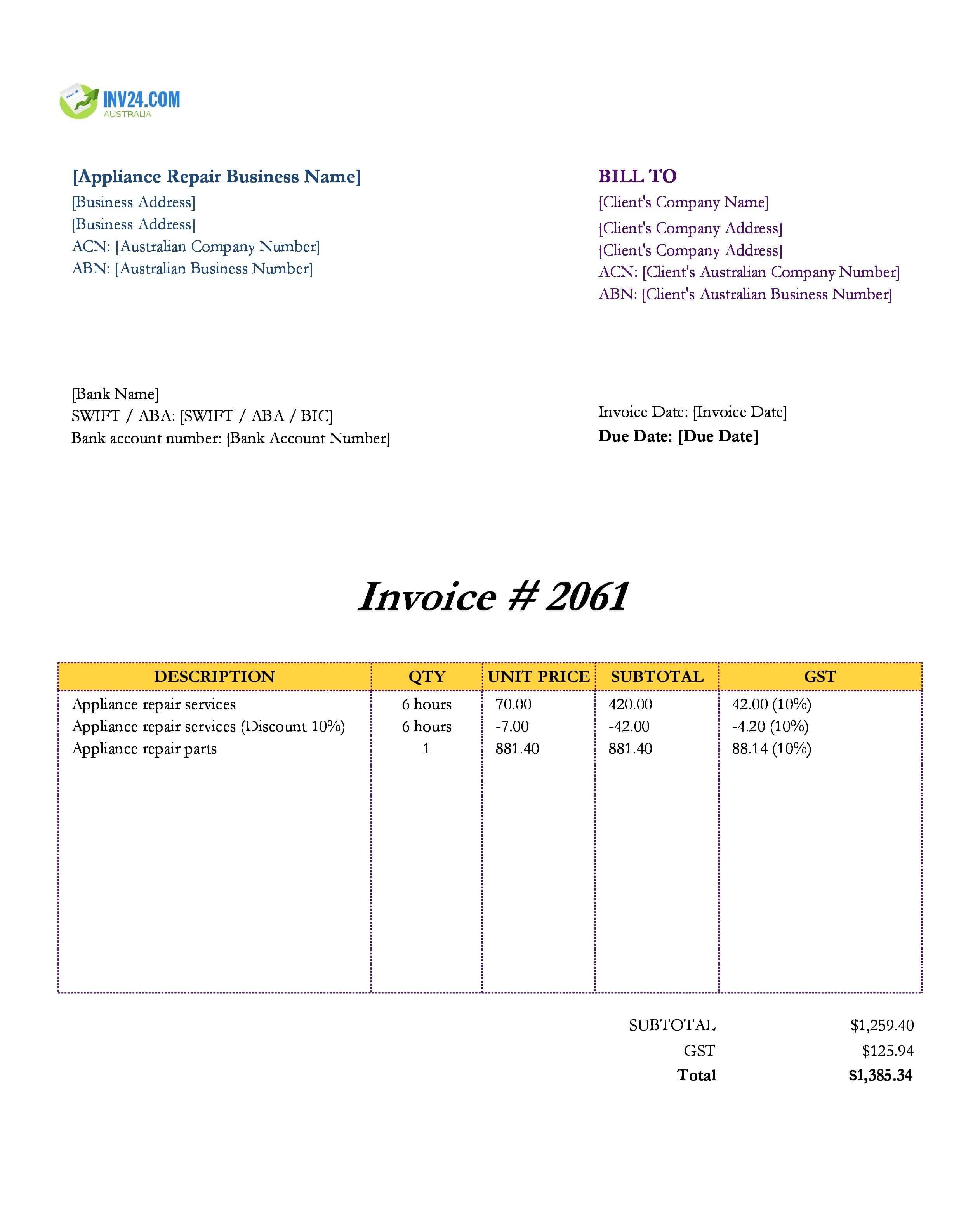 Appliance Repair Invoice Template for Australia (Excel / Google Sheets)