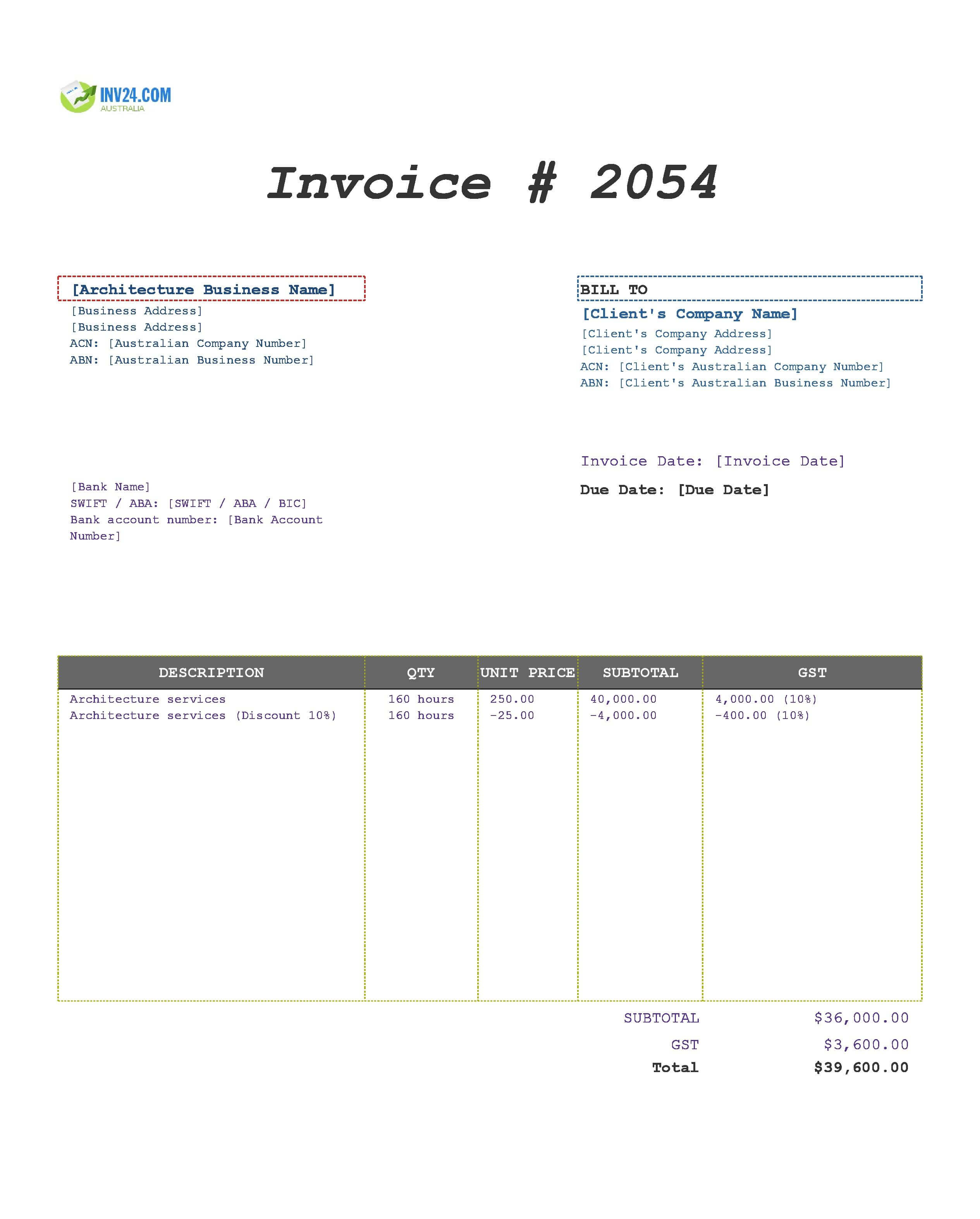 Architecture Invoice Template for Australia (Excel / Google Sheets)