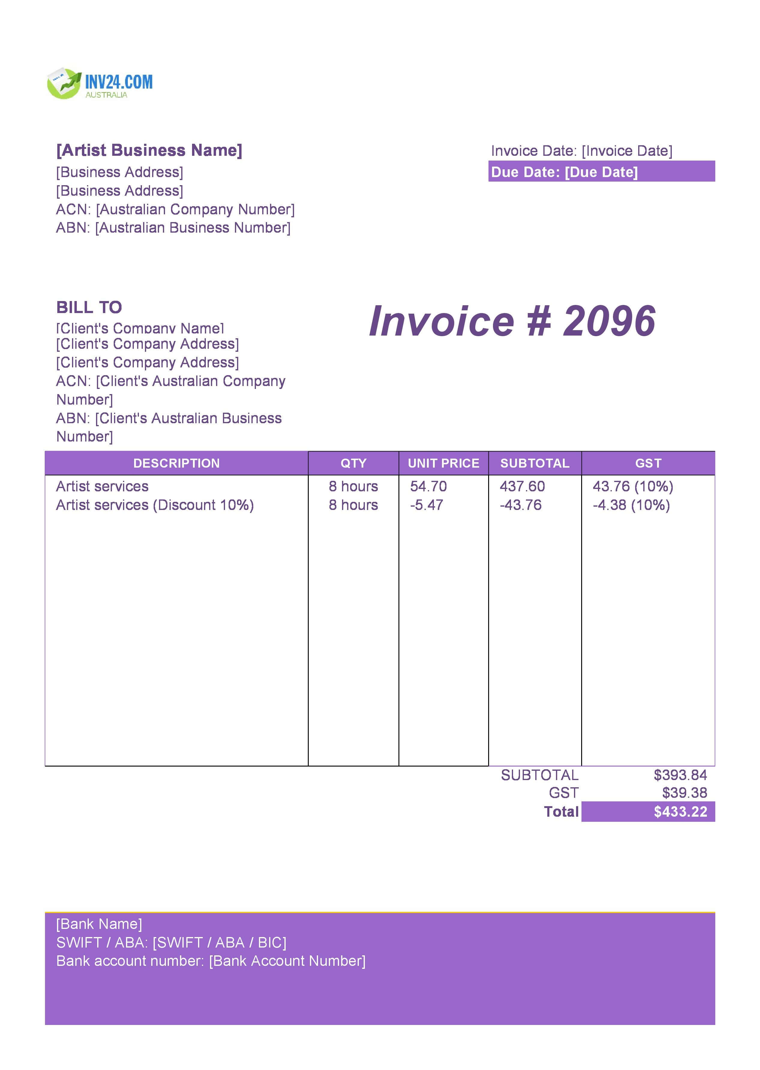 Artist Invoice Template for Australia (Excel / Google Sheets)