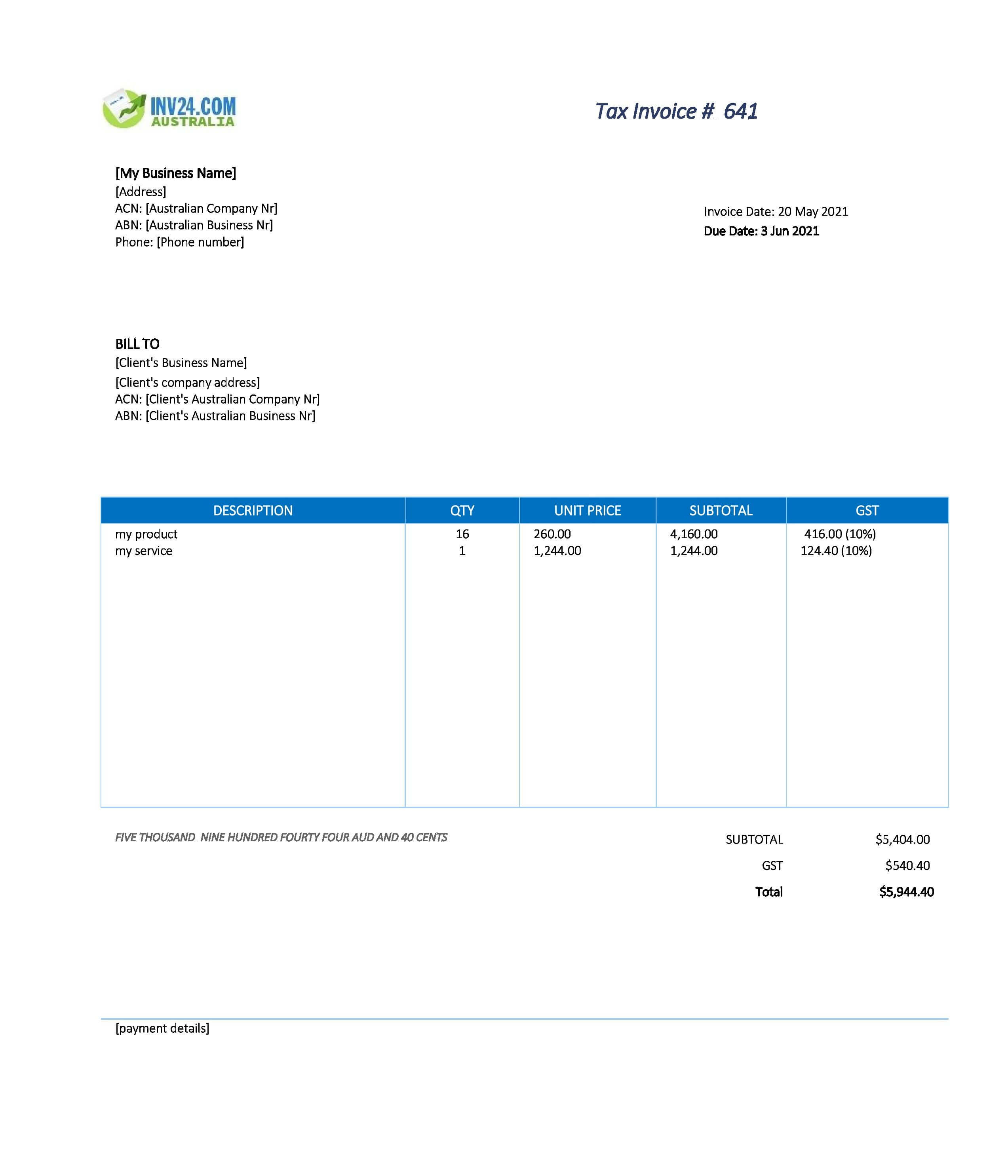Australia Invoice Template .xls (Excel / Google Sheets)