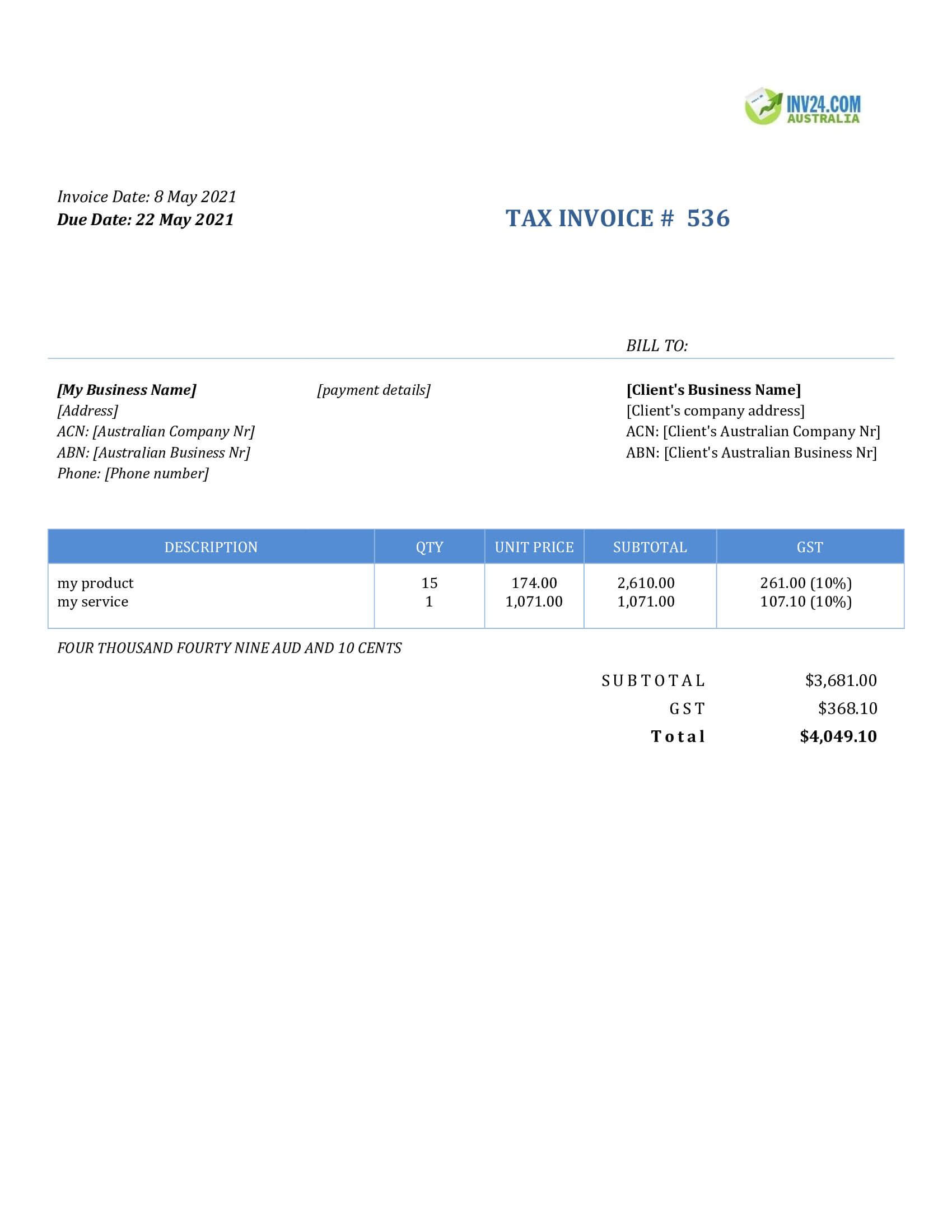 australian gst invoice template