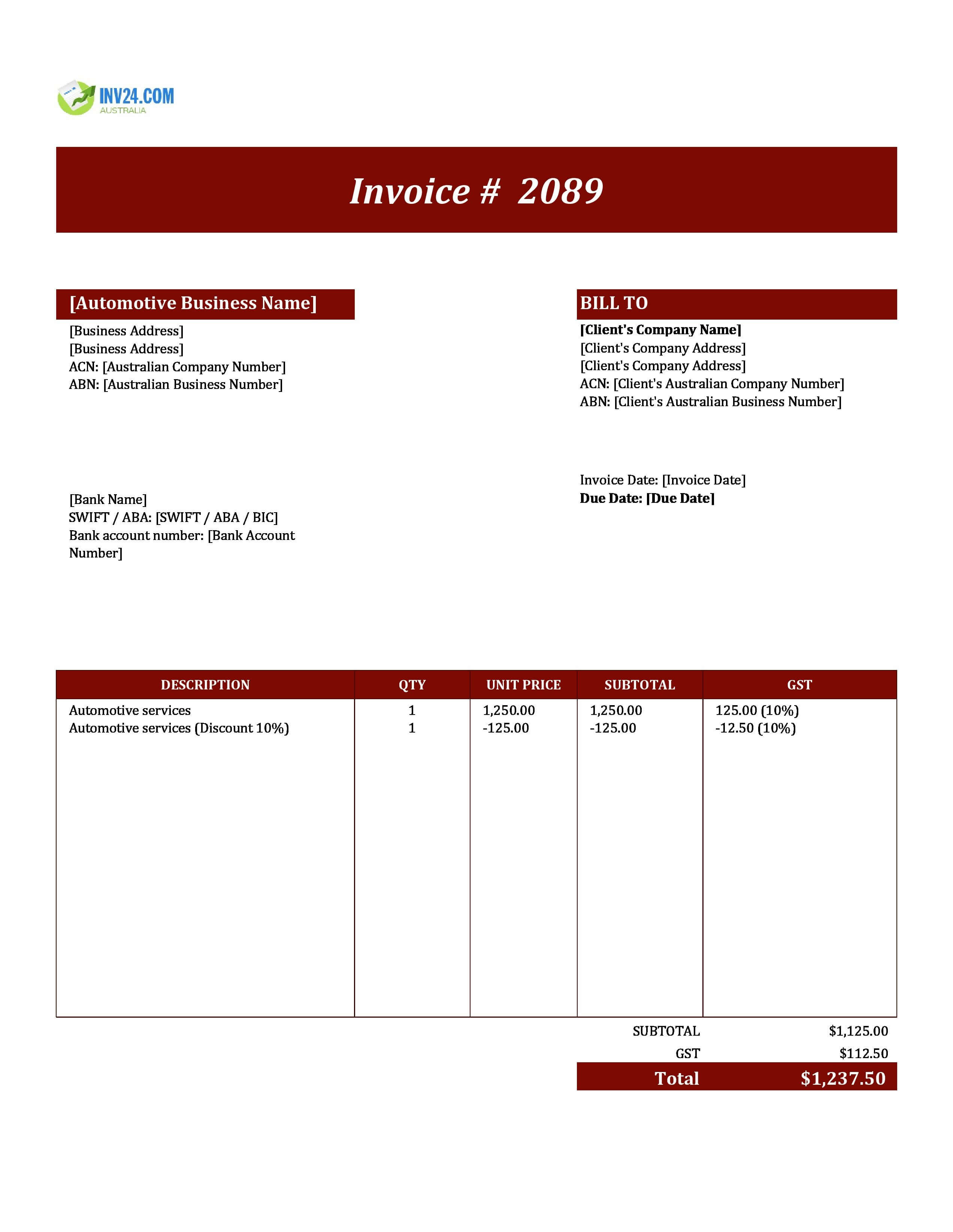 Automotive Invoice Template for Australia (Excel / Google Sheets)