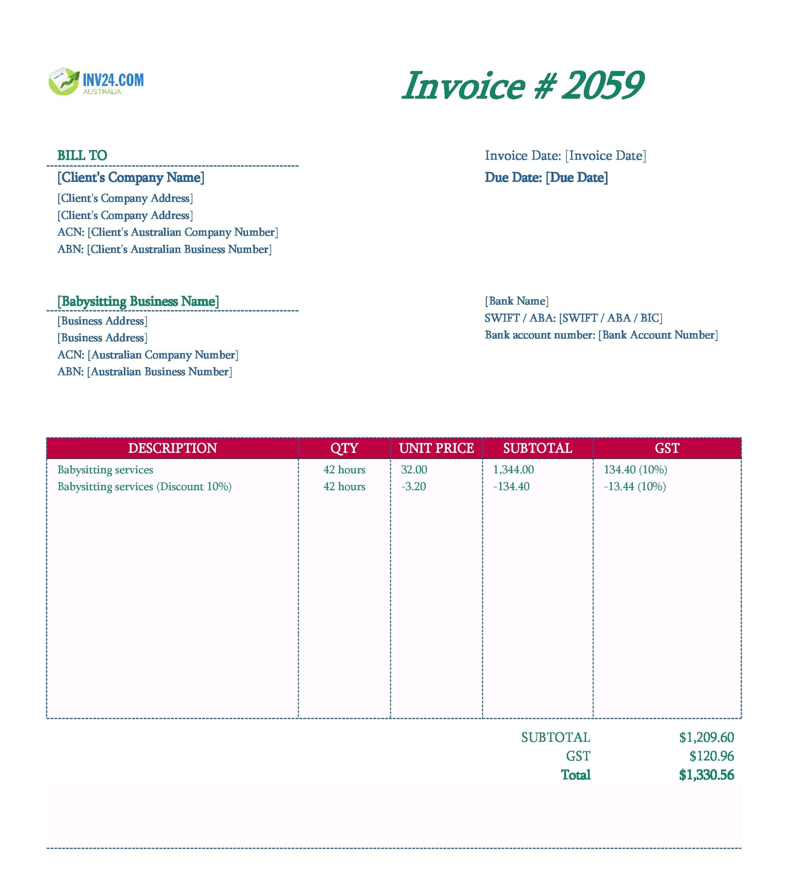 Babysitting Invoice Template for Australia (Excel / Google Sheets)