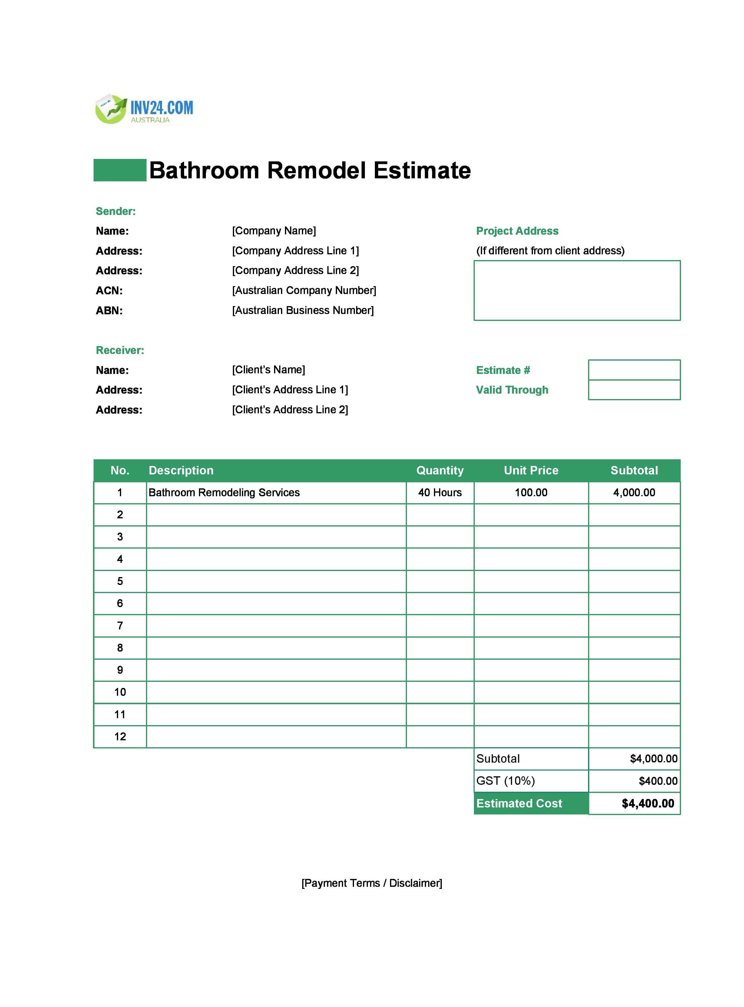 Bathroom Remodel Estimate Template for Australia (Excel / Google Sheets)