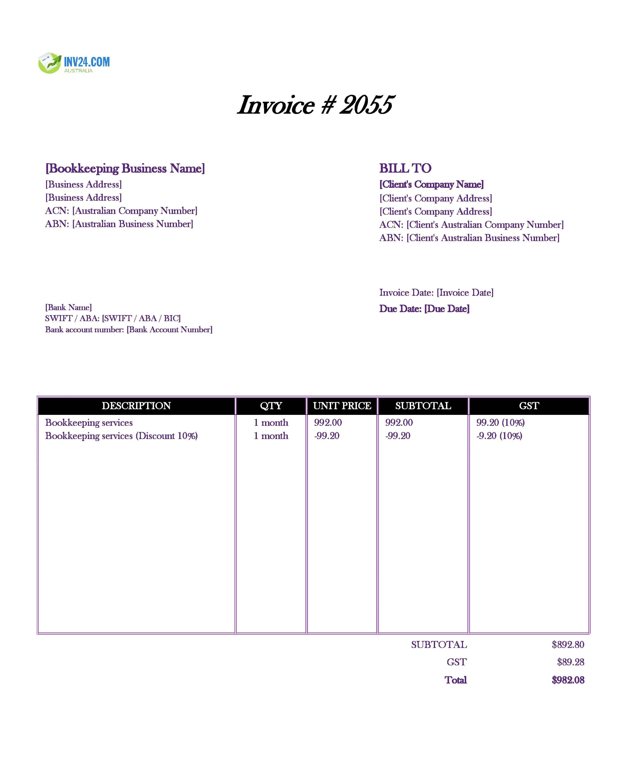 Bookkeeping Invoice Template for Australia (Excel / Google Sheets)