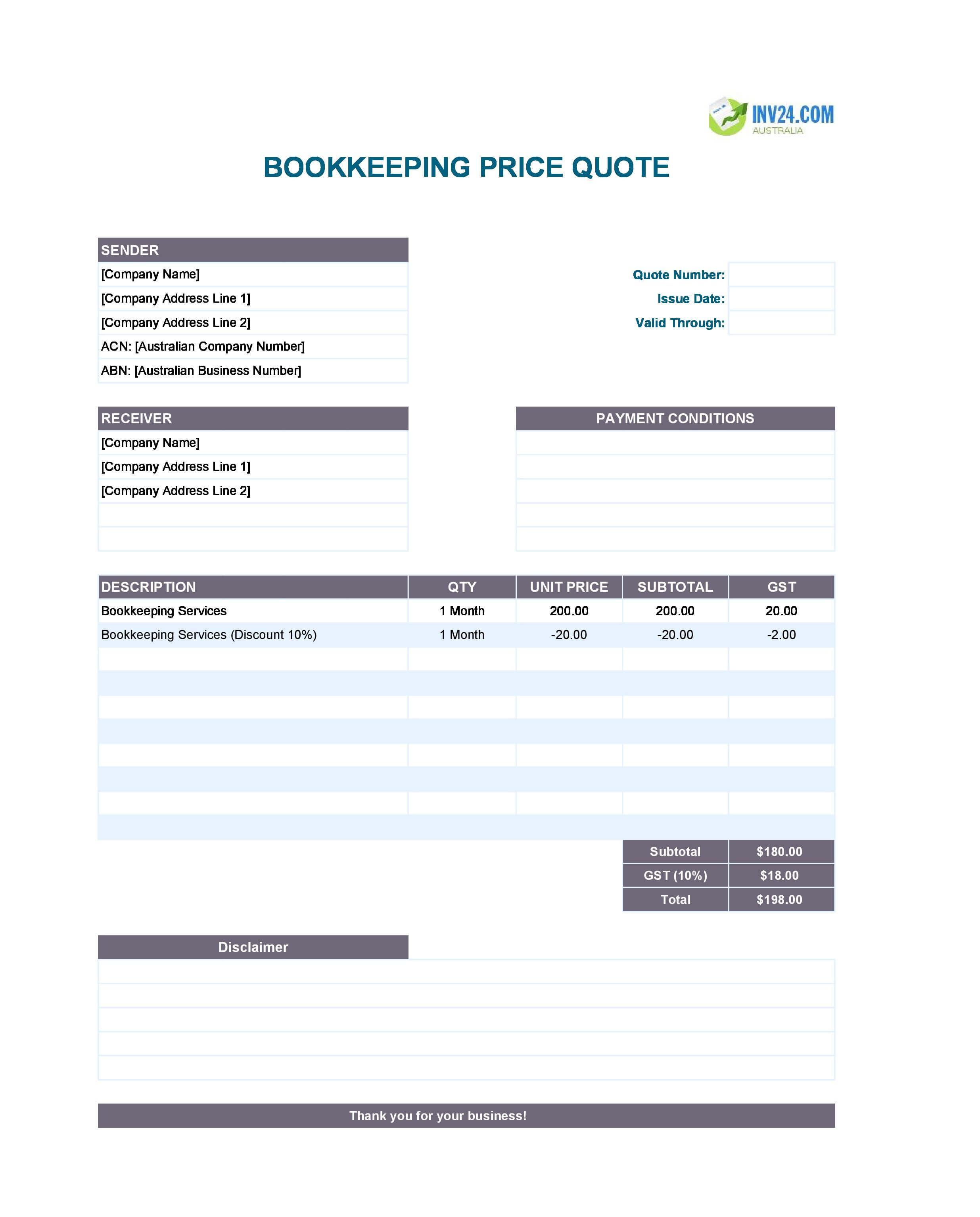 Bookkeeping Quote Template for Australia (Excel / Google Sheets)