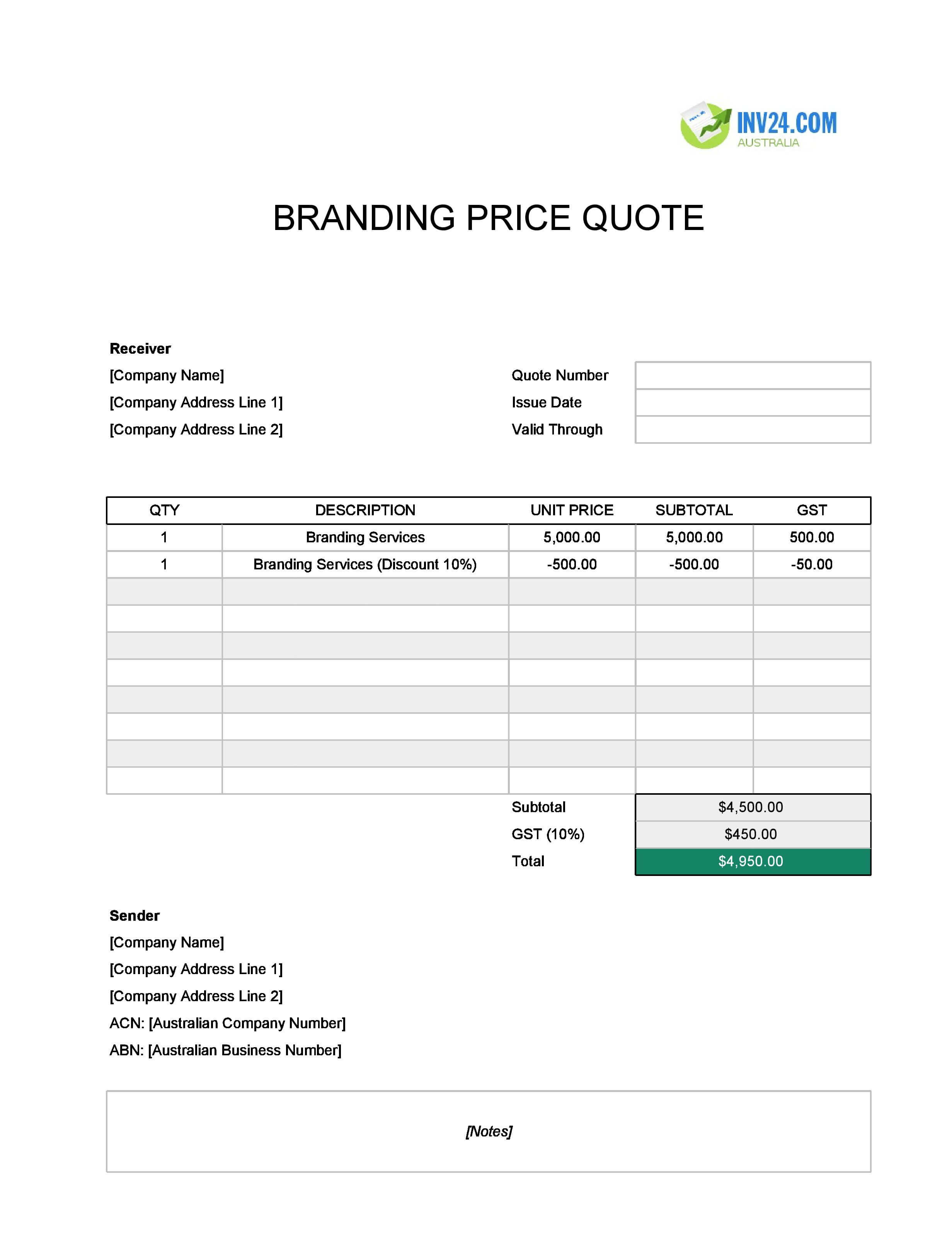 Branding Quote Template for Australia (Excel / Google Sheets)