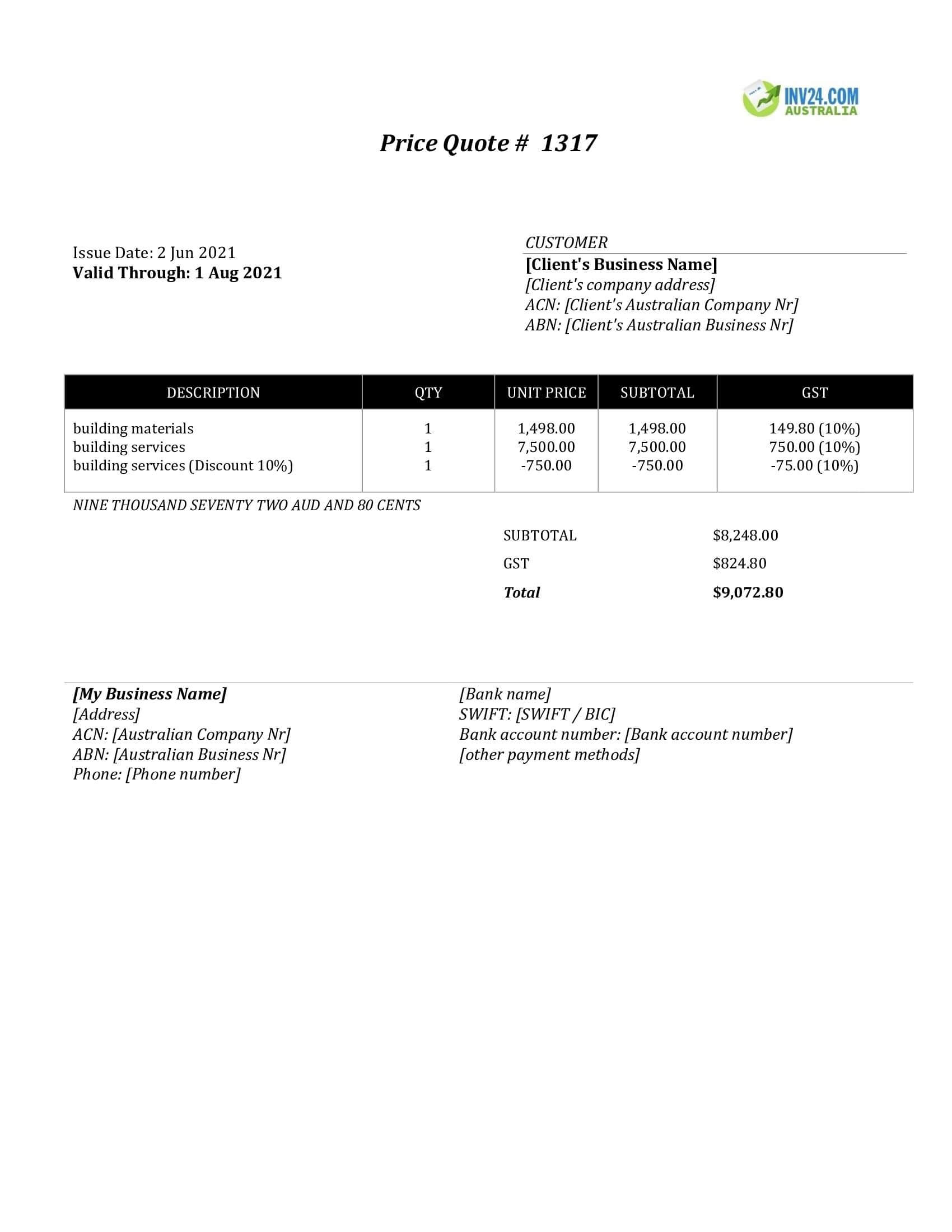 Building Quote Template Australia (Word / Google Docs)