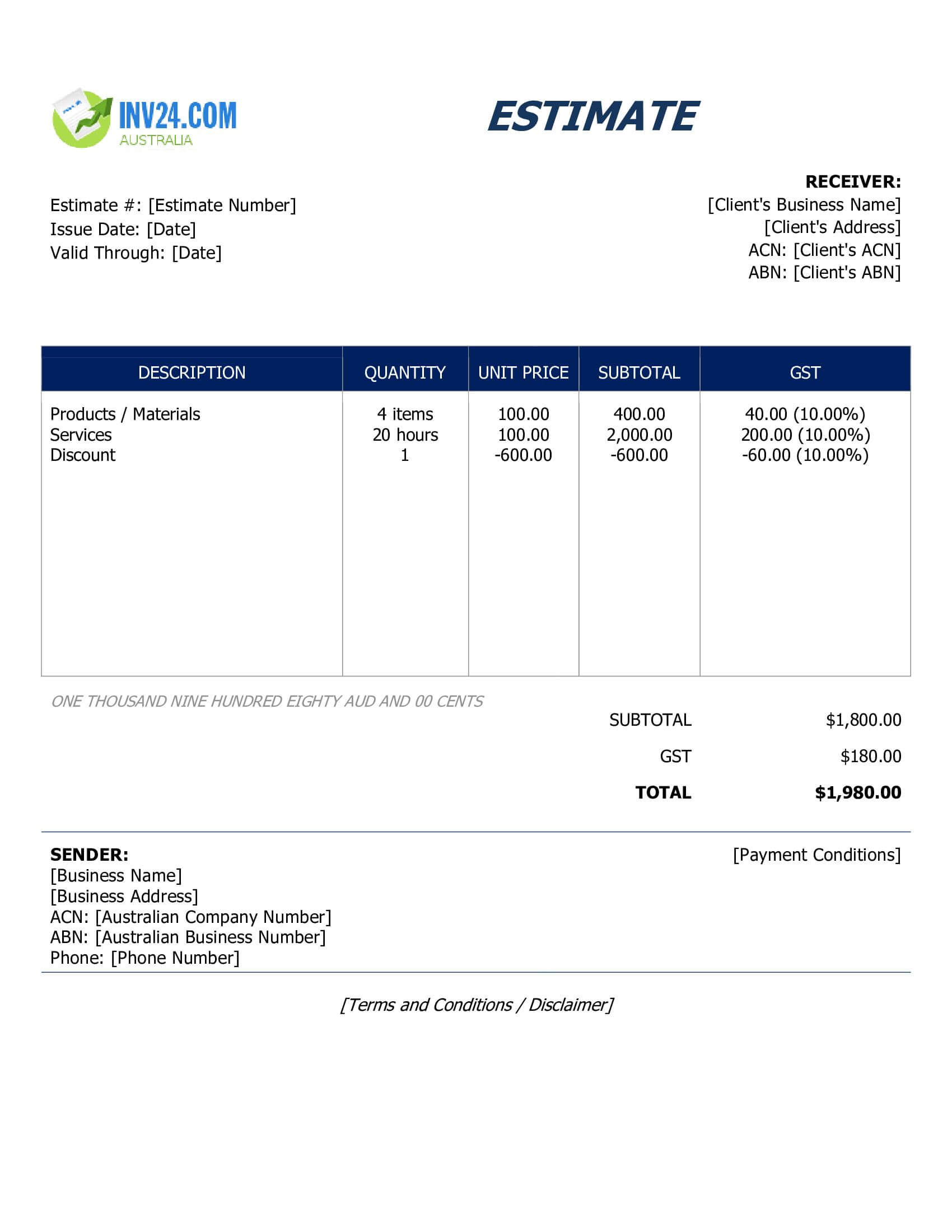 Business Estimate Template for Australia (Word / Google Docs)