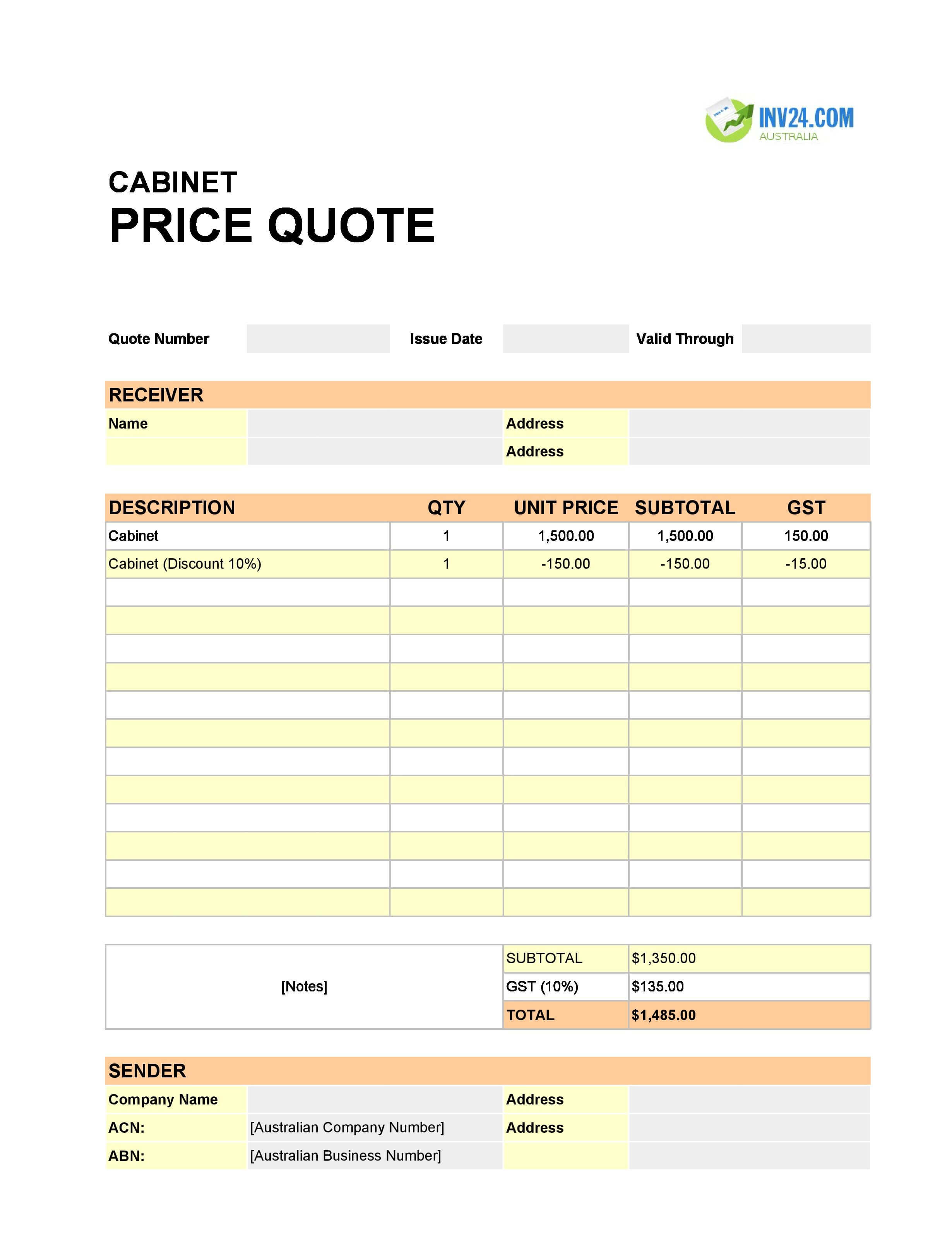 Cabinet Quote Template for Australia (Excel / Google Sheets)
