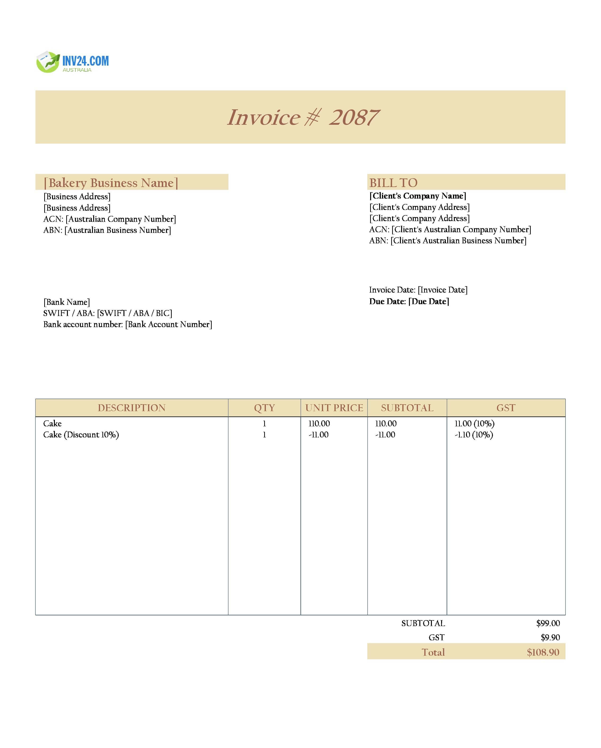 Cake Invoice Template for Australia (Excel / Google Sheets)
