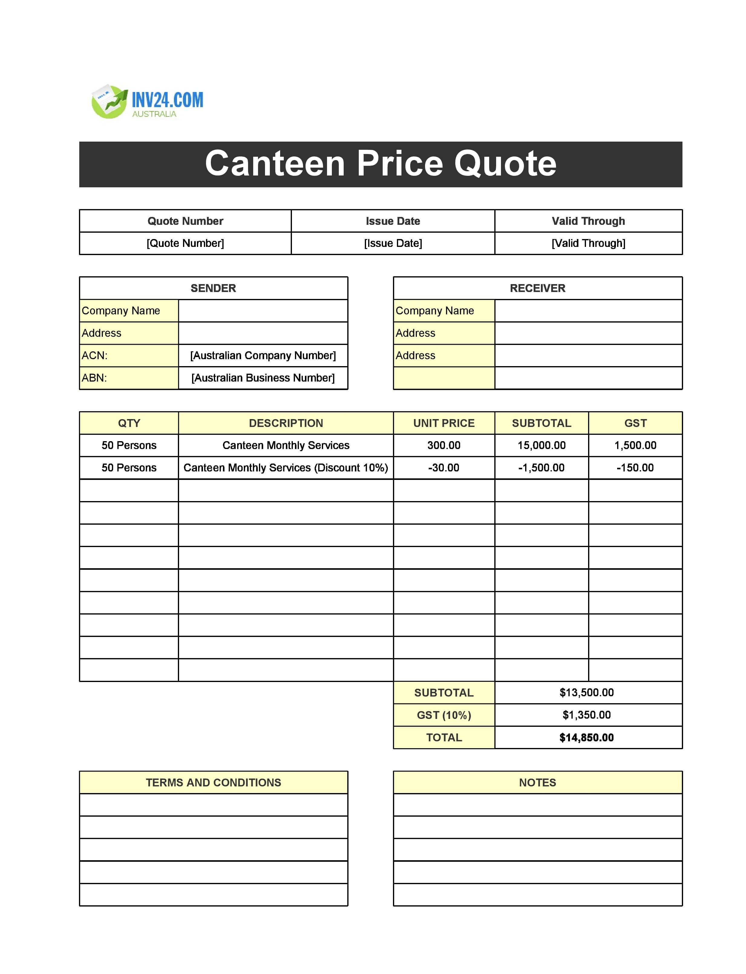 Canteen Quote Template for Australia (Excel / Google Sheets)