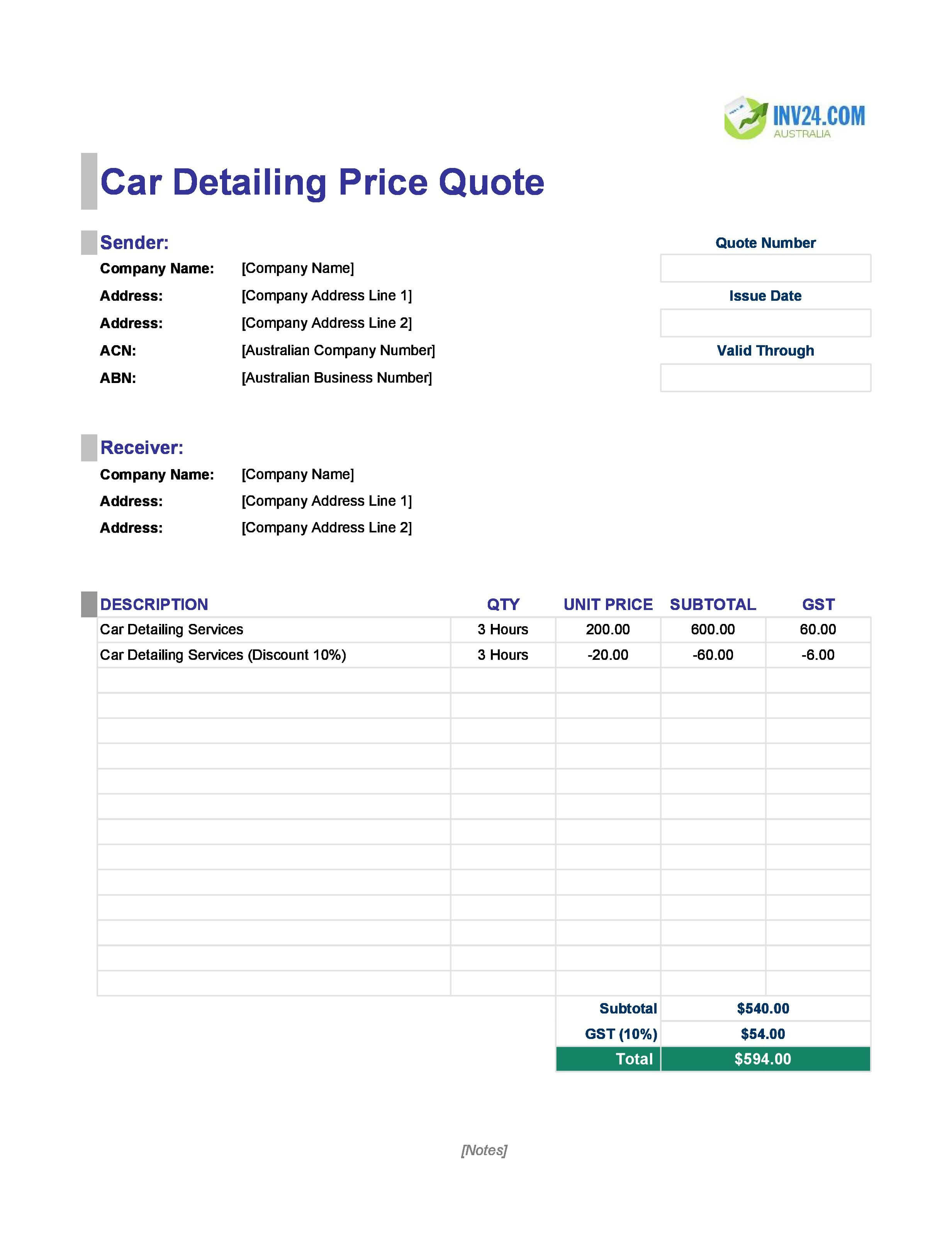 Car Detailing Quote Template for Australia (Excel / Google Sheets)