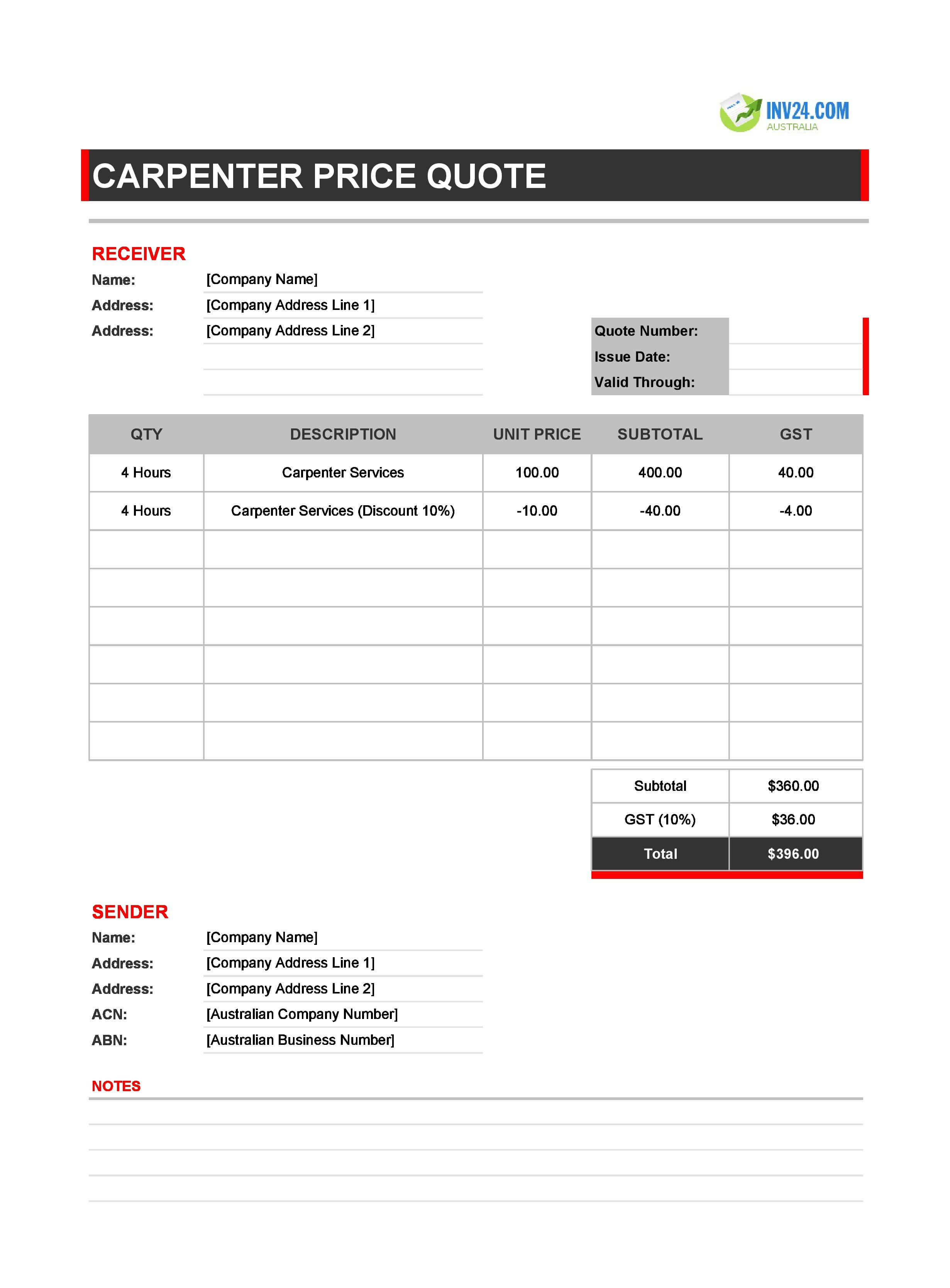 Carpenter Quote Template for Australia (Excel / Google Sheets)