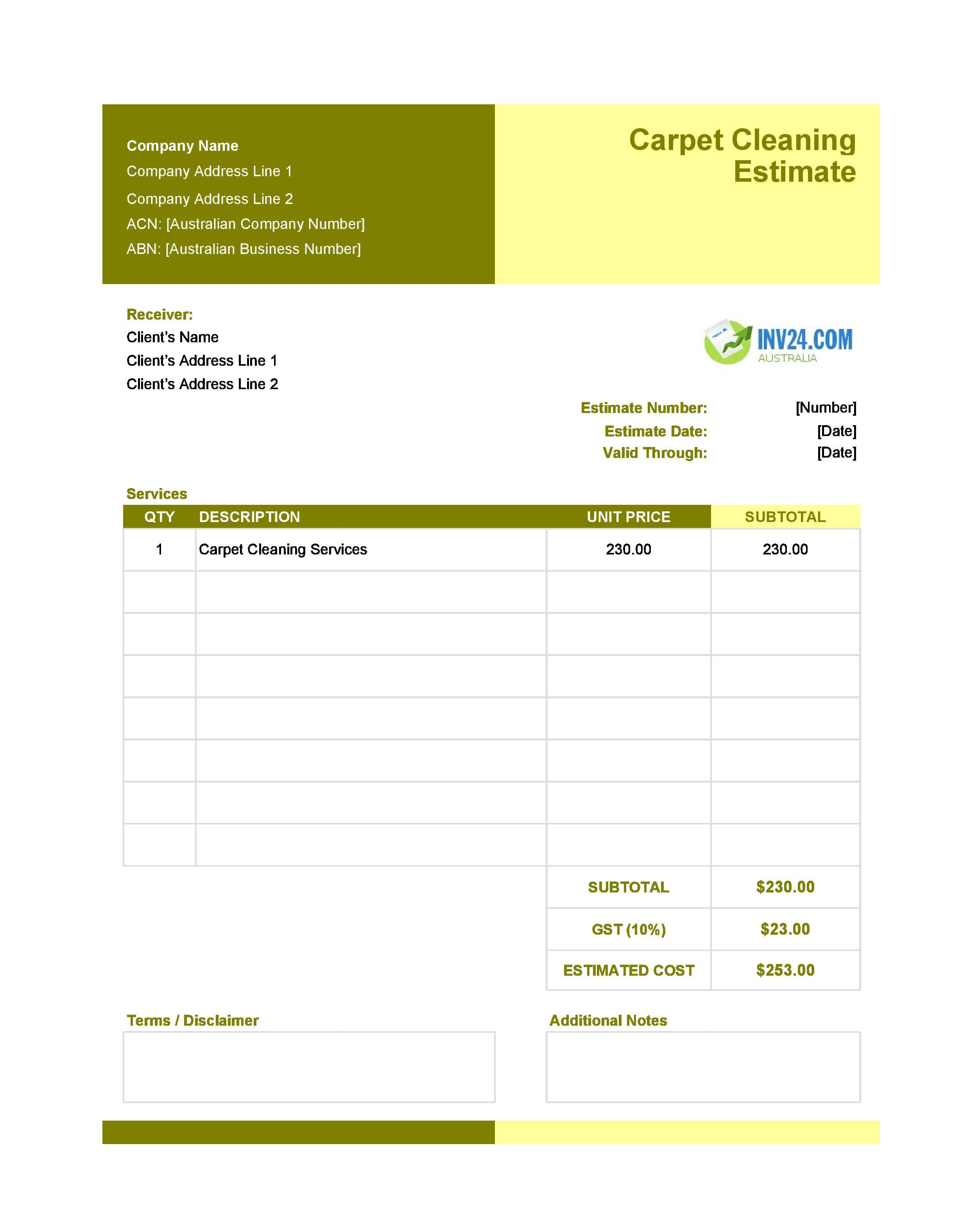 Carpet Cleaning Estimate Template for Australia (Excel / Google Sheets)