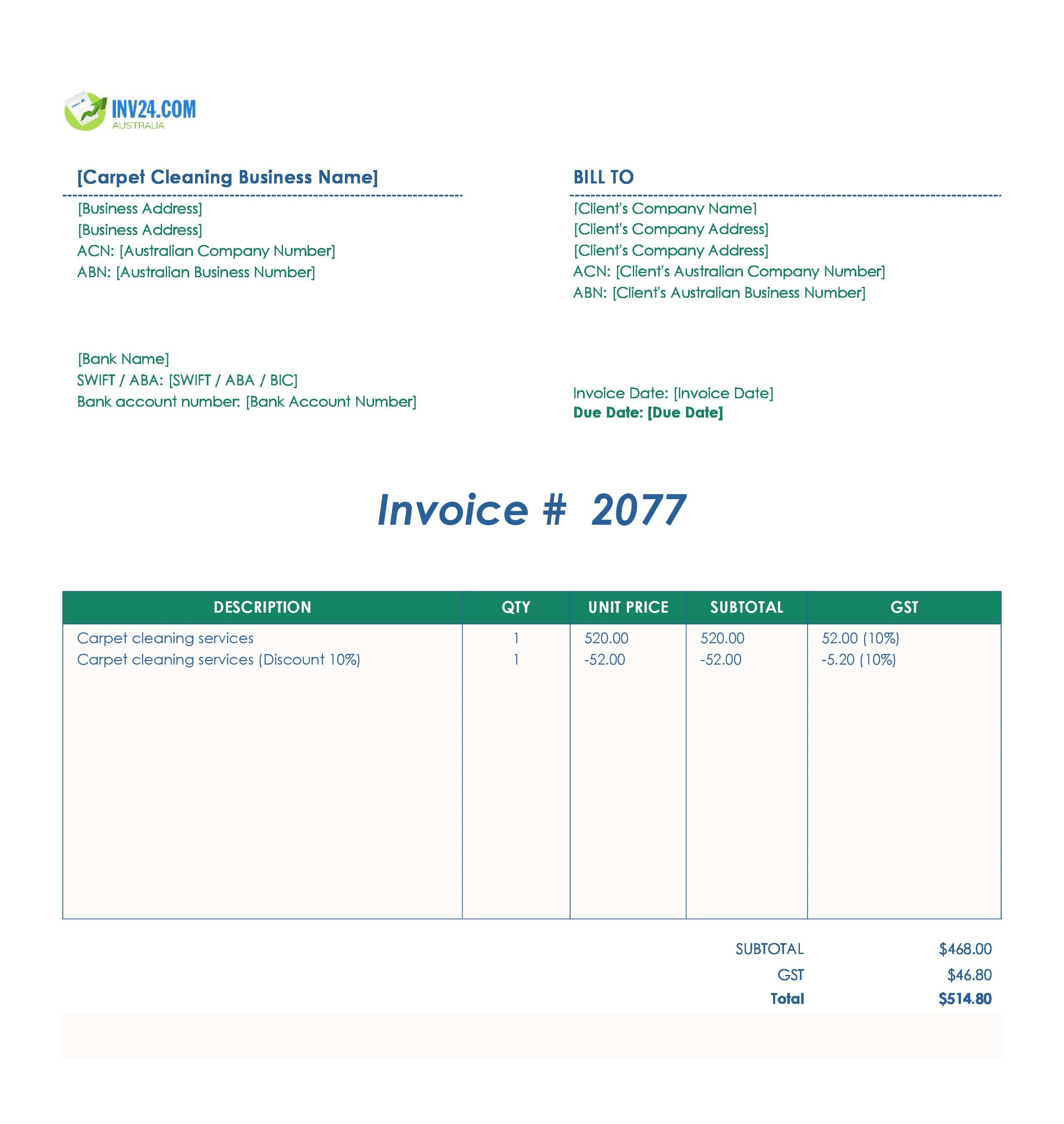 Carpet Cleaning Invoice Template for Australia (Excel / Google Sheets)