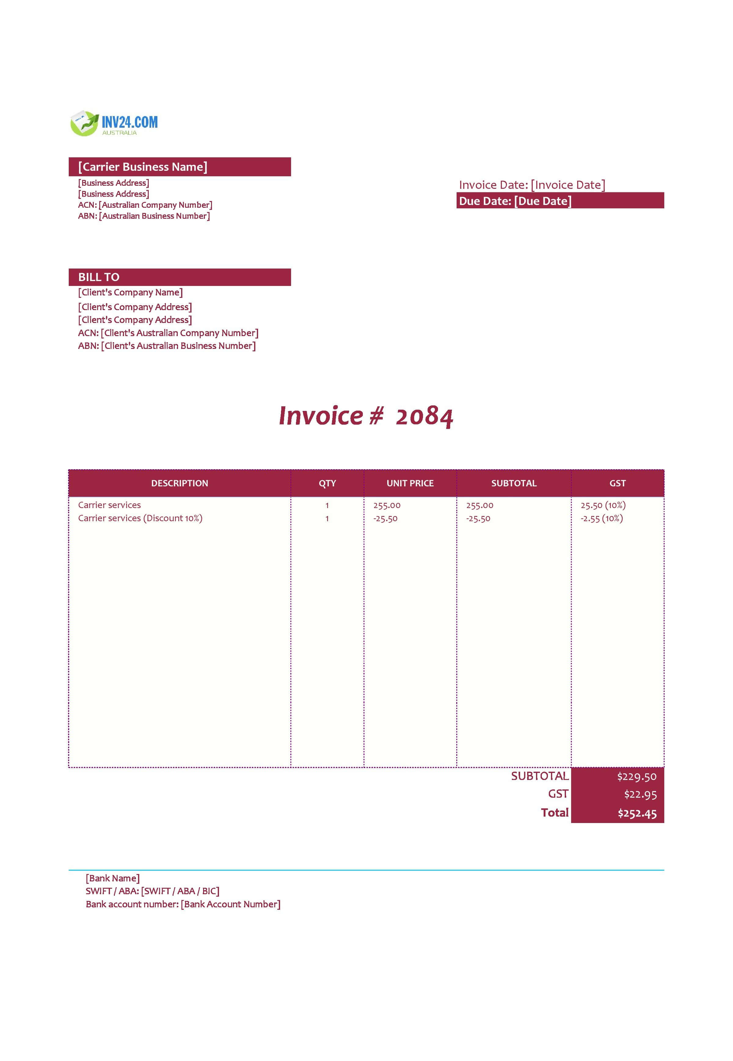 Carrier Invoice Template for Australia (Excel / Google Sheets)