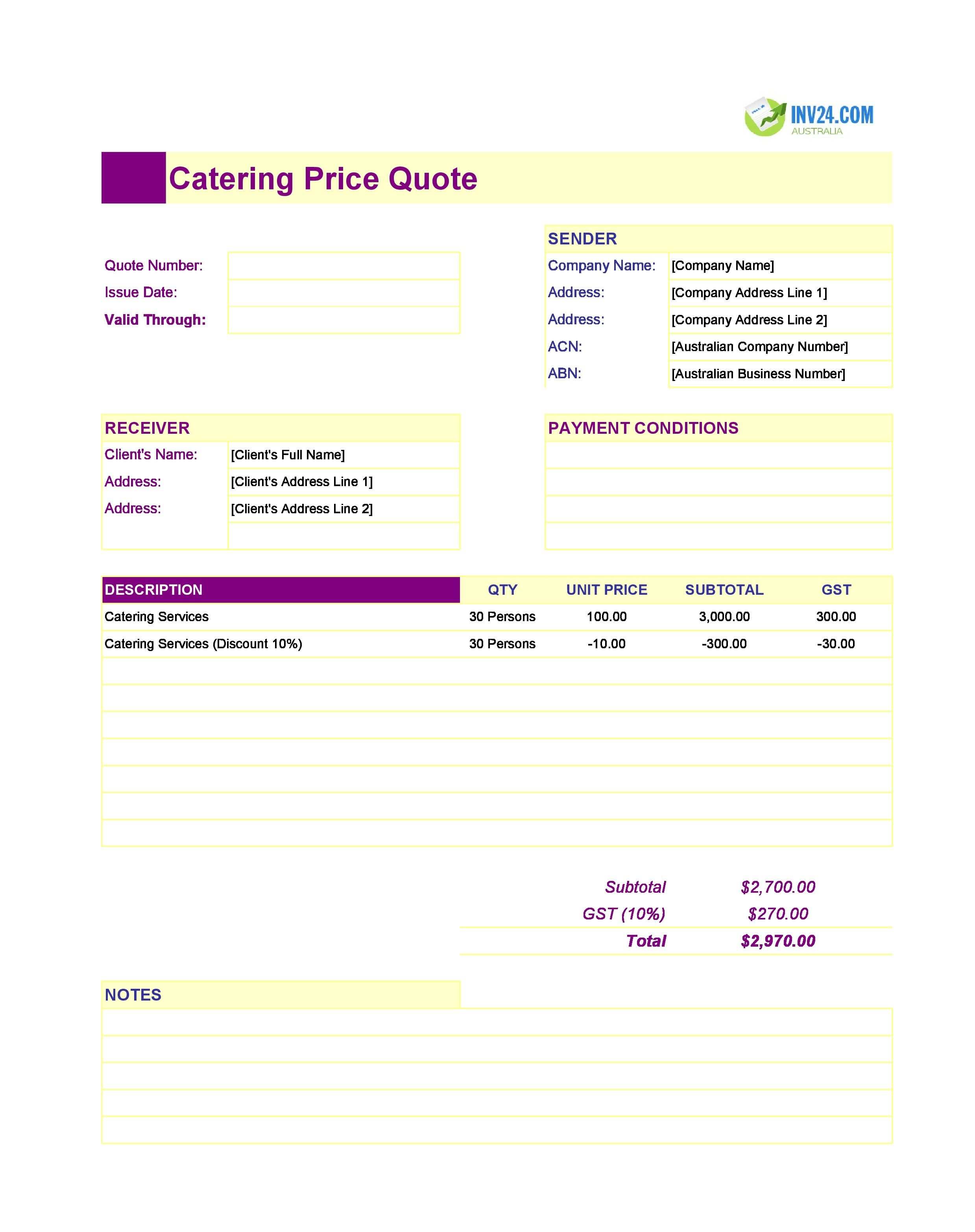 Catering Quote Template for Australia (Excel / Google Sheets)