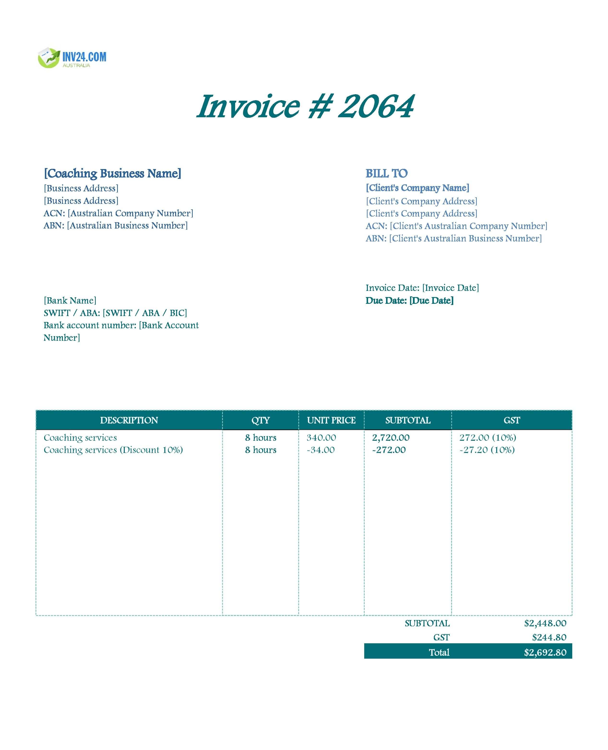 Coaching Invoice Template for Australia (Excel / Google Sheets)