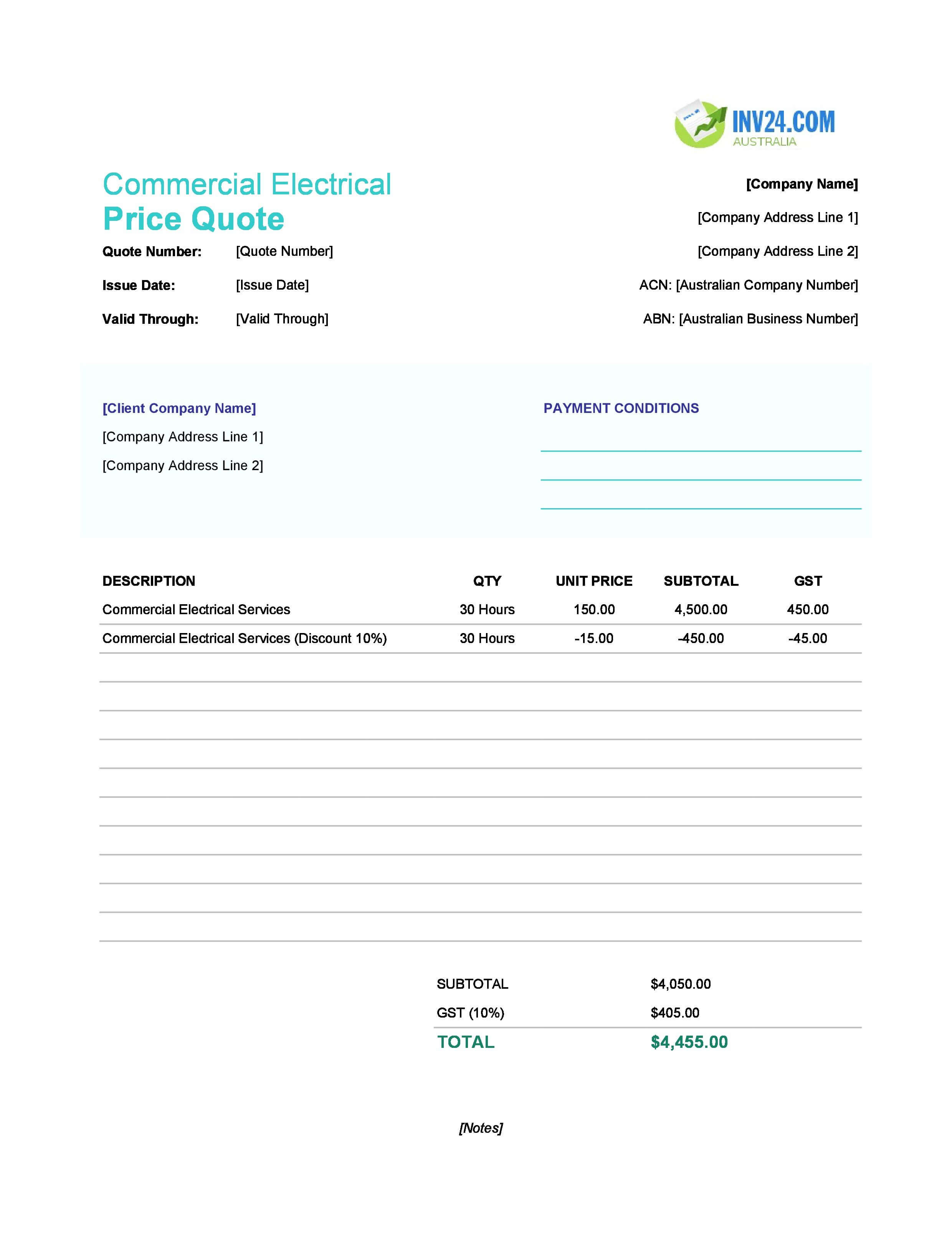 Commercial Electrical Quote Template for Australia (Excel / Google Sheets)