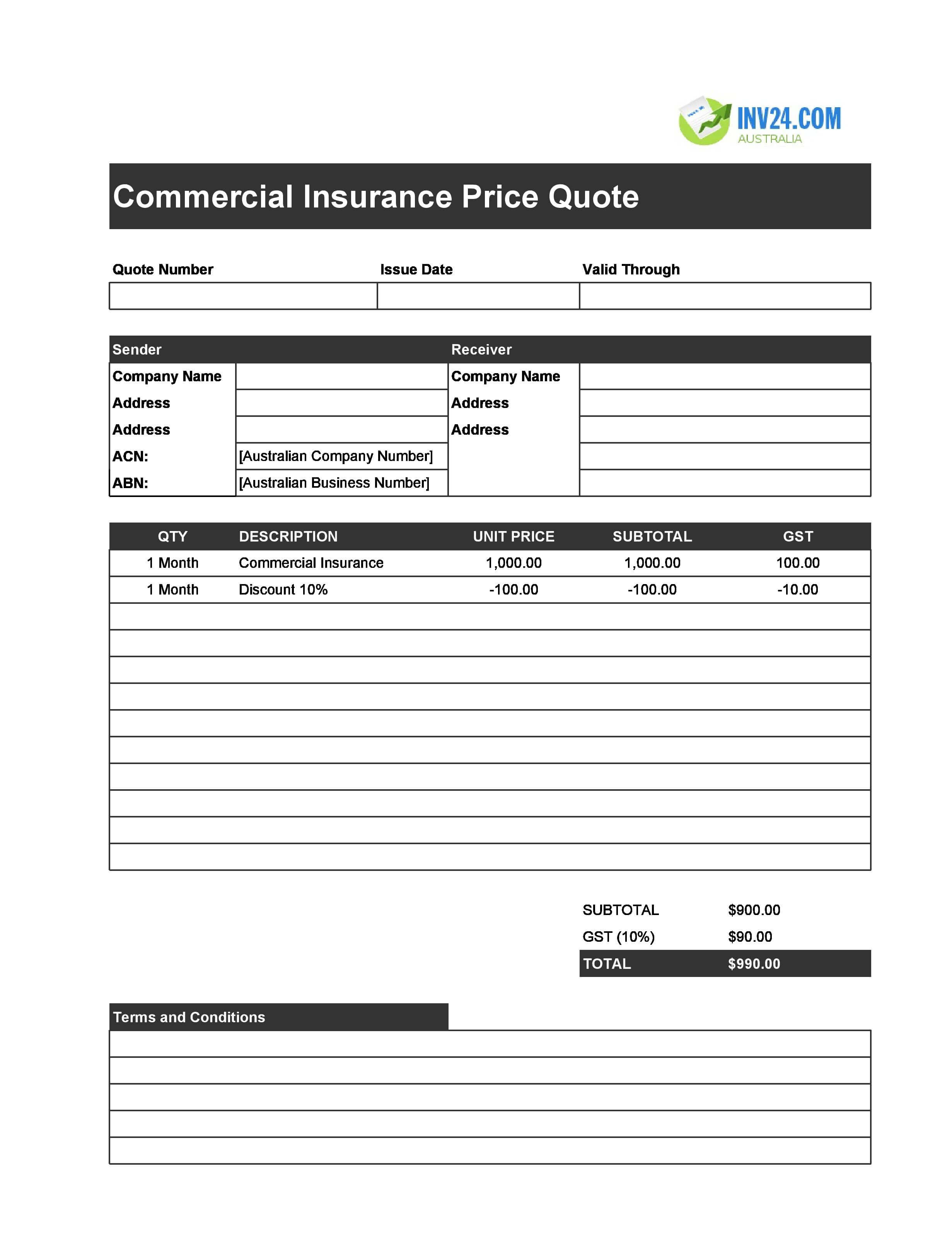 Commercial Insurance Quote Template for Australia (Excel / Google Sheets)