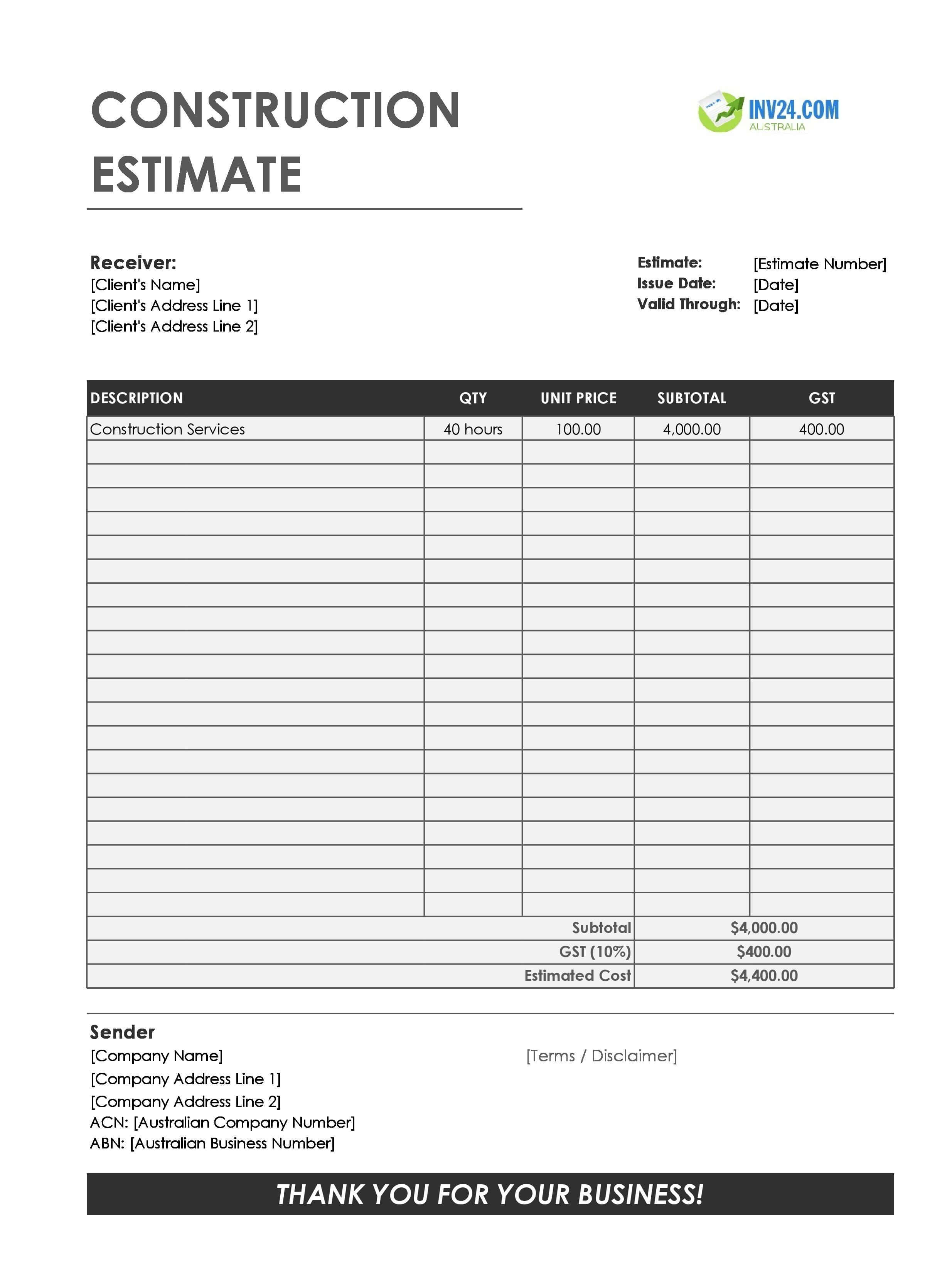 Construction Estimate Template for Australia (Excel / Google Sheets)