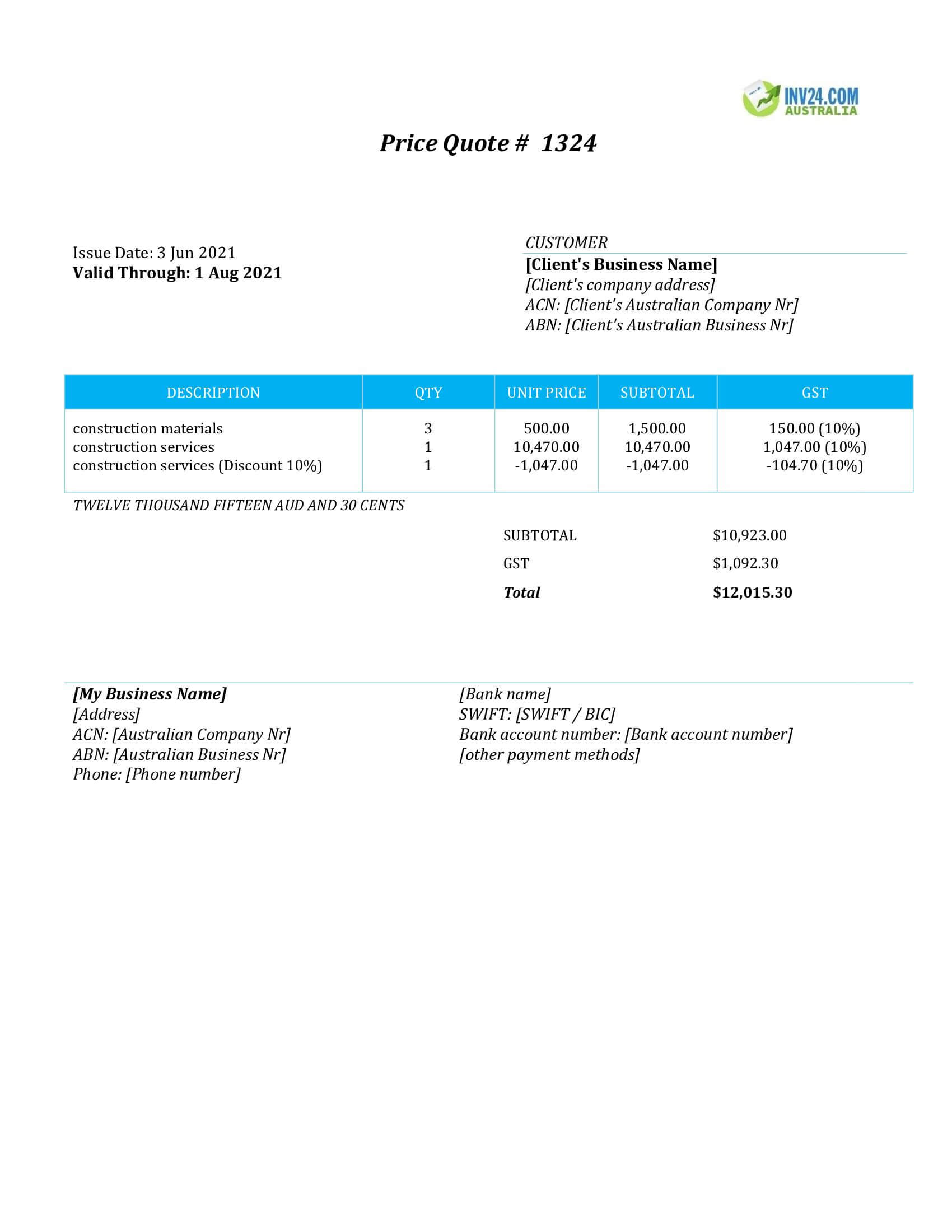Construction Quote Template Australia (Word / Google Docs)