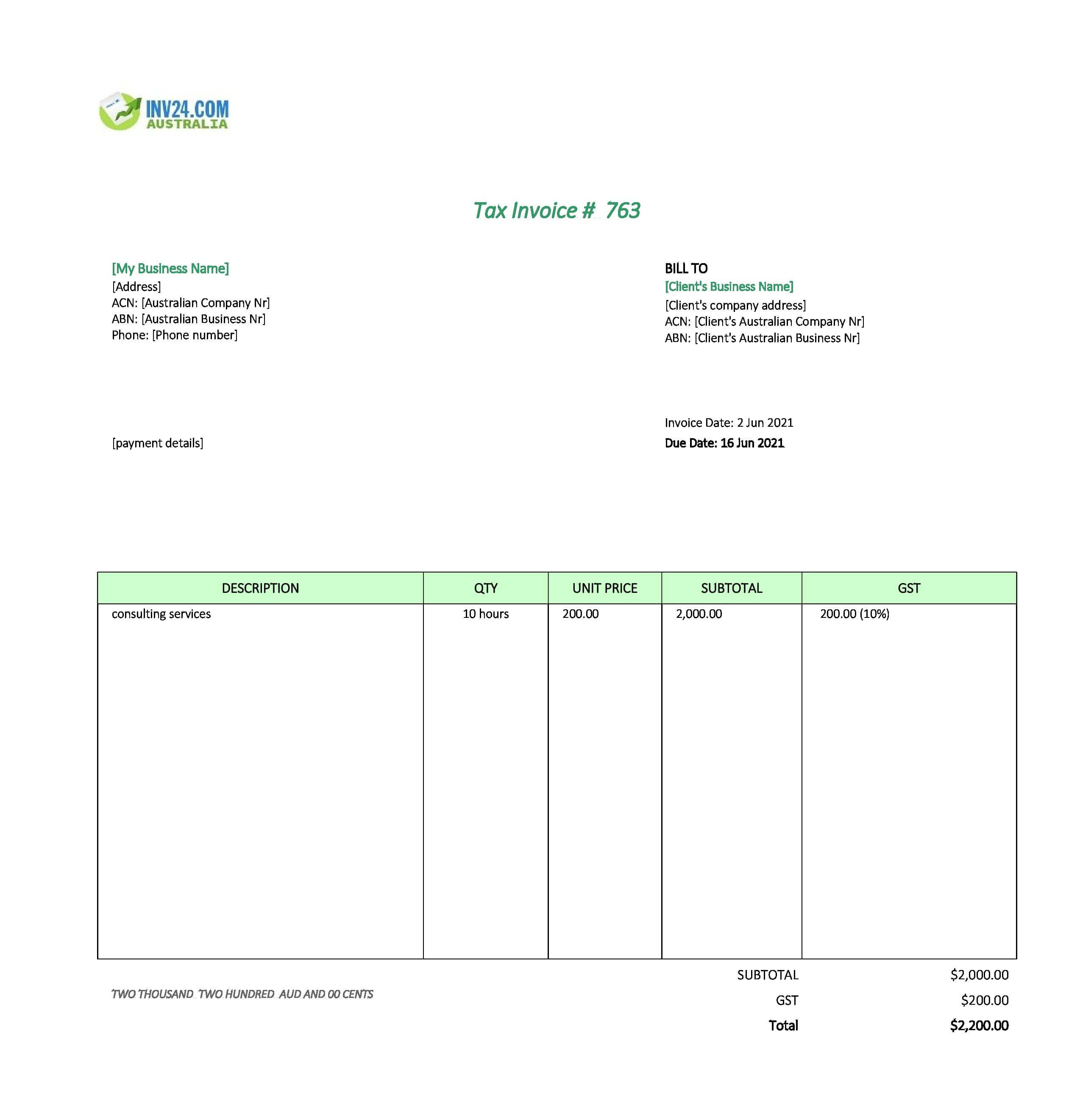 Consulting Invoice Template Australia (Excel / Google Sheets)