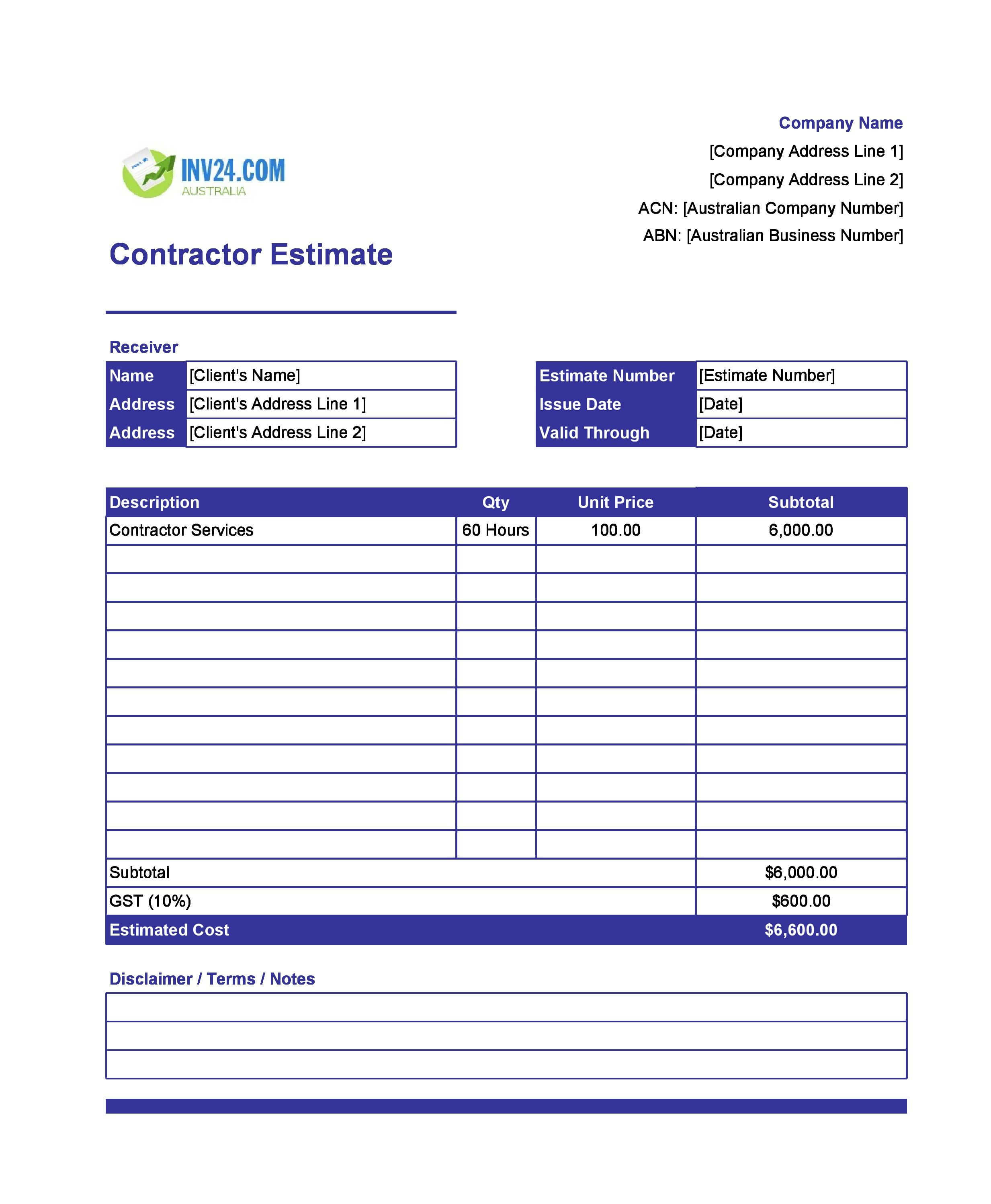 Contractor Estimate Template for Australia (Excel / Google Sheets)