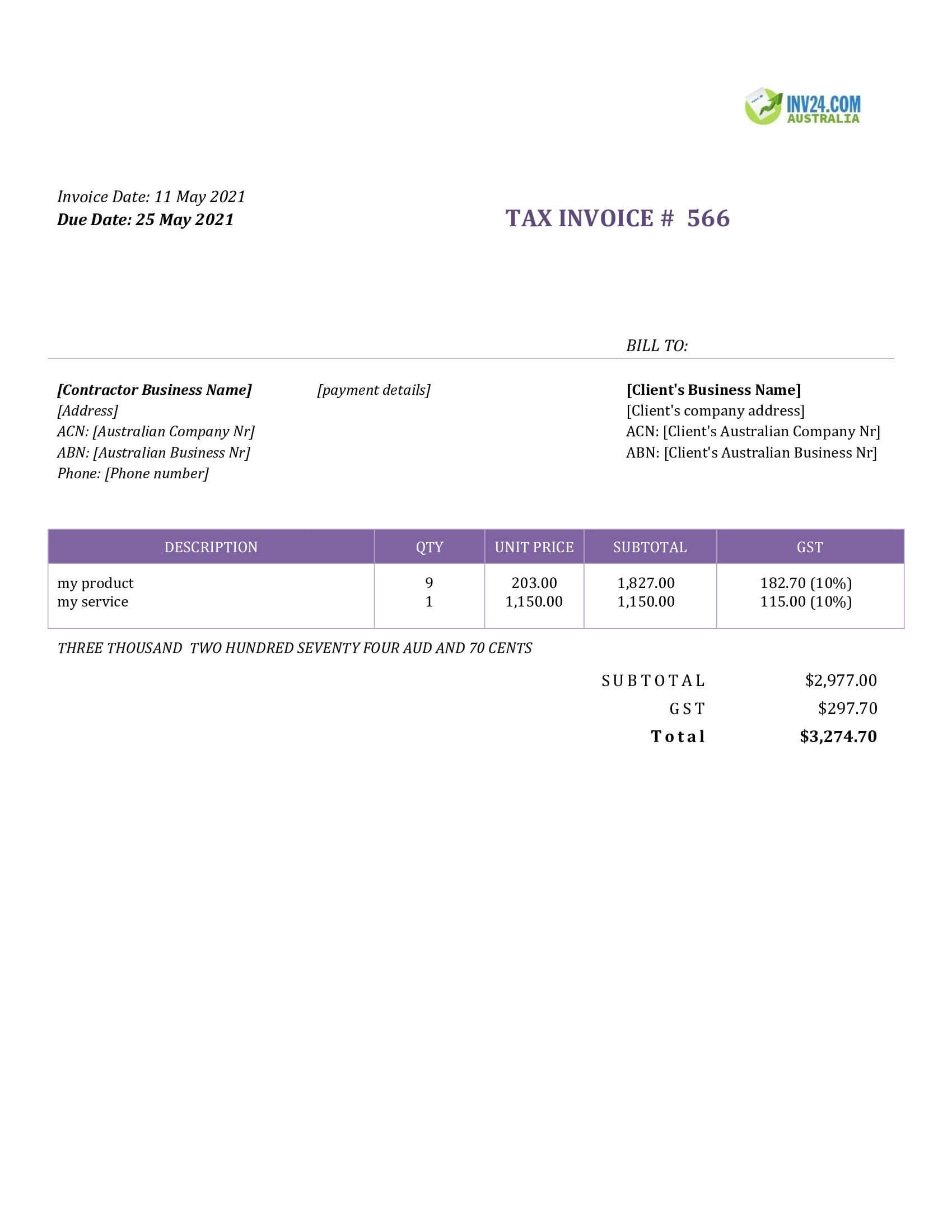 Contractor Invoice Template Australia (Word / Google Docs)